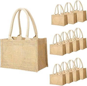 Segarty Burlap Tote Bags with Handles, 12 Pack Small Natural Jute Reusable Gift Favors Blank Bag Bulk for Bridesmaid Wedding, Women Market Grocery Shopping, Bachelorette Party, Beach Trip, DIY