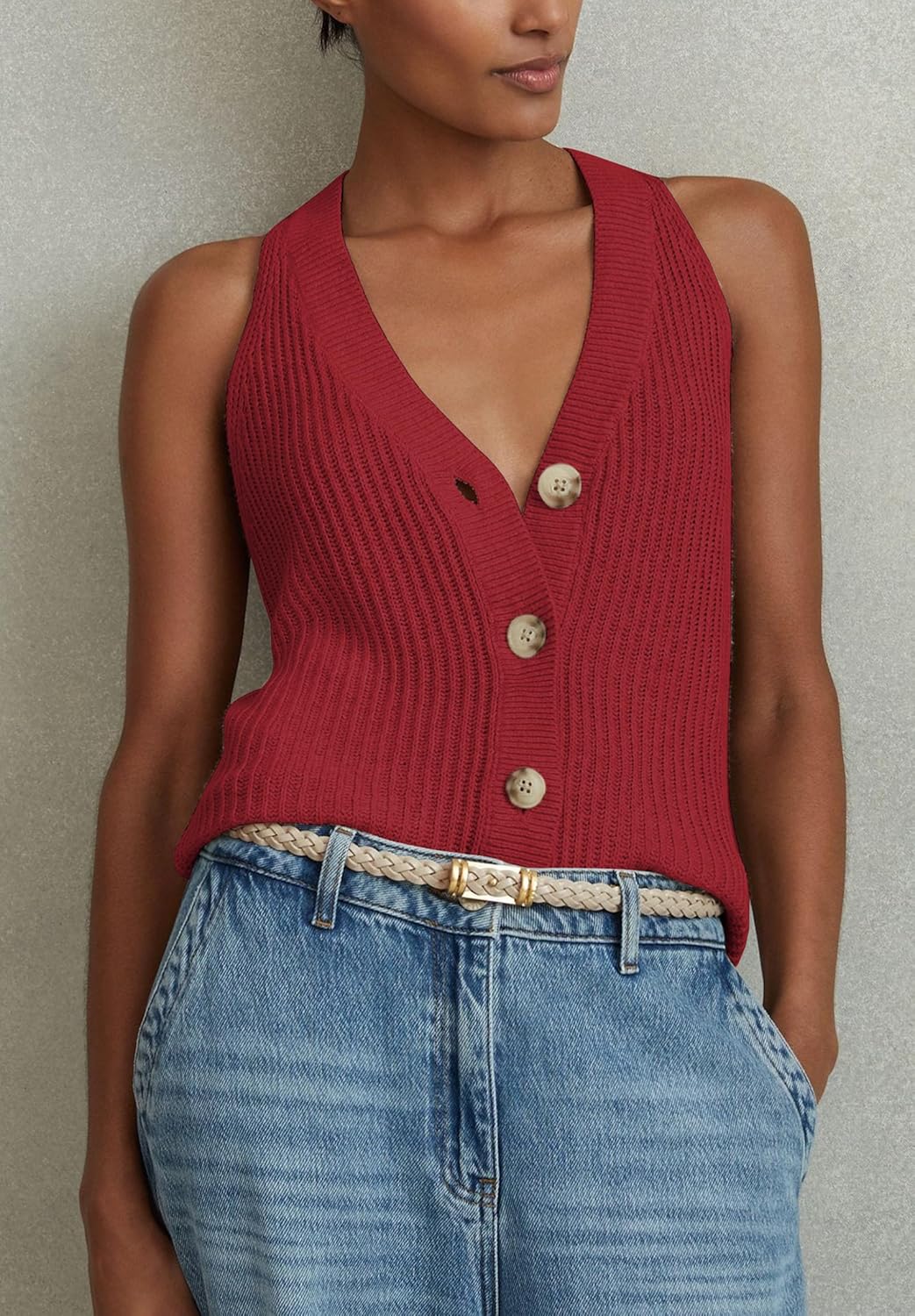 Womens Button-Front Sweater Vest Top V Neck Sleeveless Knit Tank Fitted Halter Raceback Cardigan Vest - Image 5