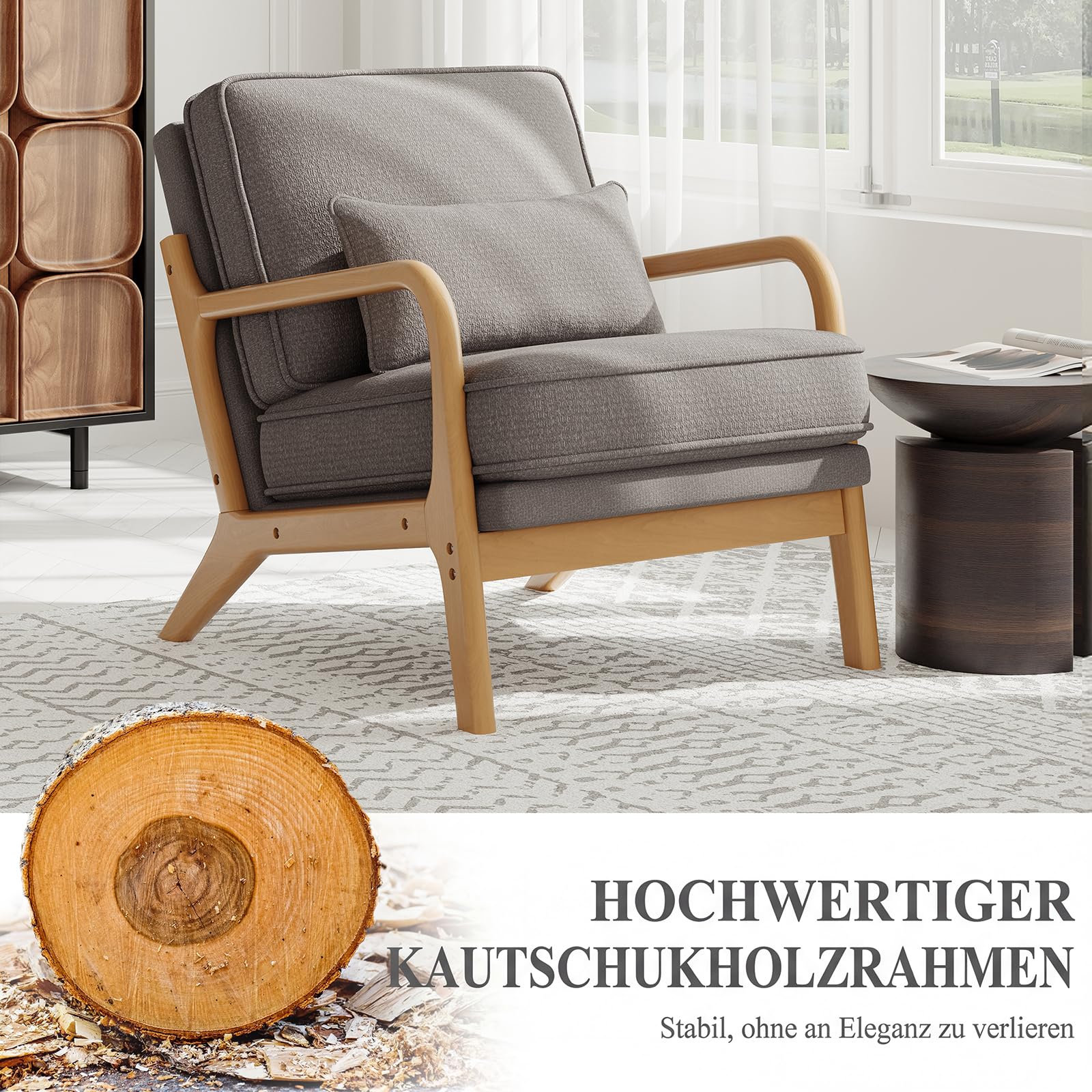 COLAMY Sessel Wohnzimmer Mid-Century Modern 2er Set, Loungesessel mit Lendenkissen, Massivholzrahmen & weichem Polster, bequemer Lesesessel für Wohnzimmer und Schlafzimmer, grau