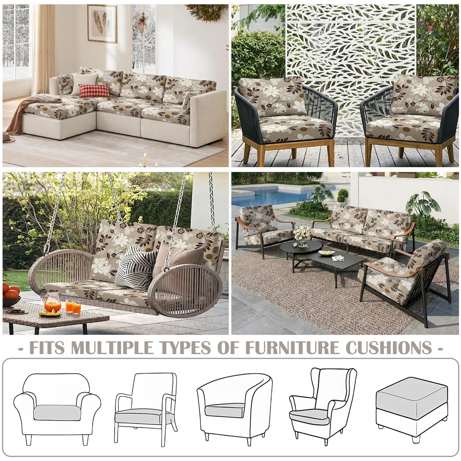 Housse de Coussin Extérieur Imperméable et Extensible avec Membrane TPU, Housse de Remplacement pour Assise et Dossier de Salon de Jardin, Canapé, Rotin et Patio (Pattern 2,8pcs)