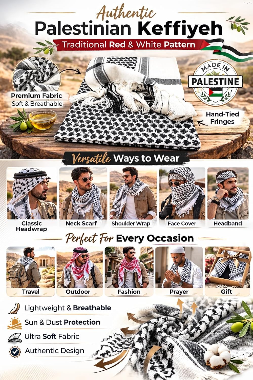 Zuluf Authentic Palestinian Keffiyeh Black White Scarf | Arab Shemagh Kafiya Kufiya Shawl | Middle Eastern Desert Head Wrap | Arafat Style Traditional Cotton Palestine Scarf for Men Women