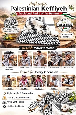 Zuluf Authentic Palestinian Keffiyeh Black White Scarf | Arab Shemagh Kafiya Kufiya Shawl | Middle Eastern Desert Head Wrap | Arafat Style Traditional Cotton Palestine Scarf for Men Women