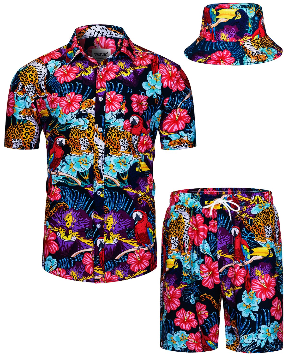TUNEVUSE Mens Hawaiian Shirts and Shorts Set 2 Pieces Beach Outfits Flower Print Summer Tropical Suit with Bucket Hats