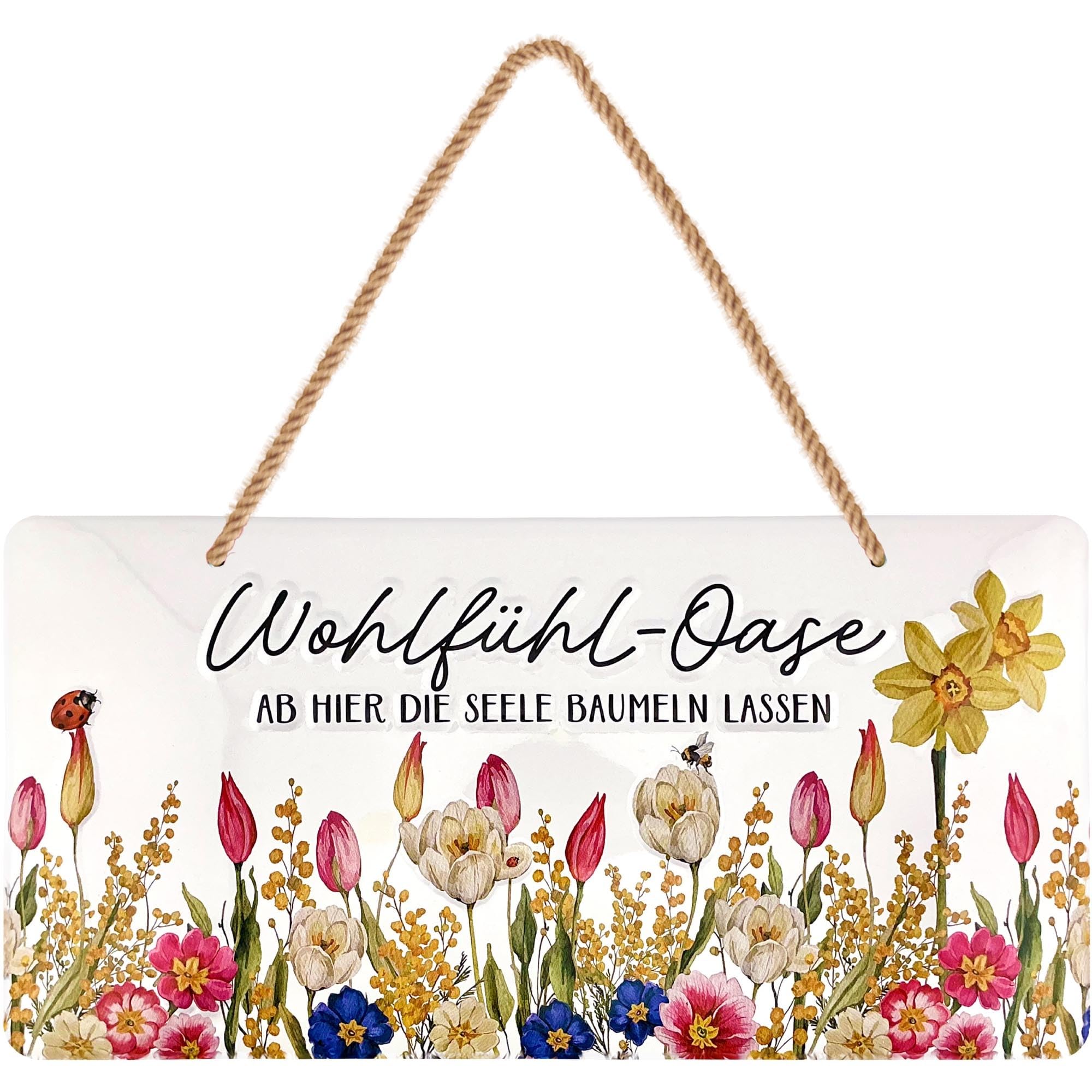 LANOLU Schild Lieblingsplatz Outdoor- Wohlfühl-Oase Schild Garten - Deko Garten Vintage Schilder, Metallschild mit Jutekordel 16x32cm