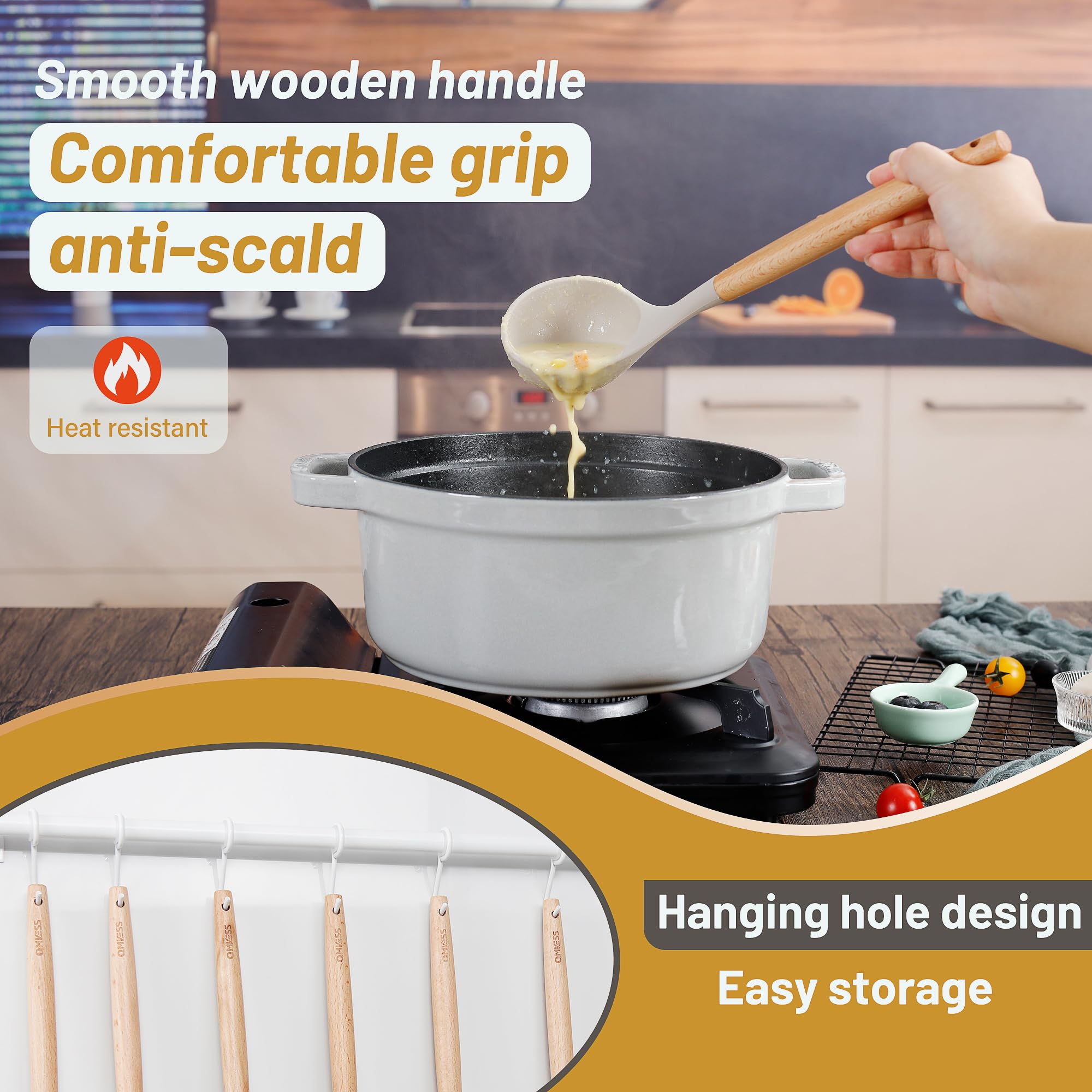 QMVESS Lot de 35 ustensiles de cuisine en silicone antiadhésifs avec poignée en bois robuste - Accessoires de cuisine pour la cuisine avec spatule et cuillères - Kaki