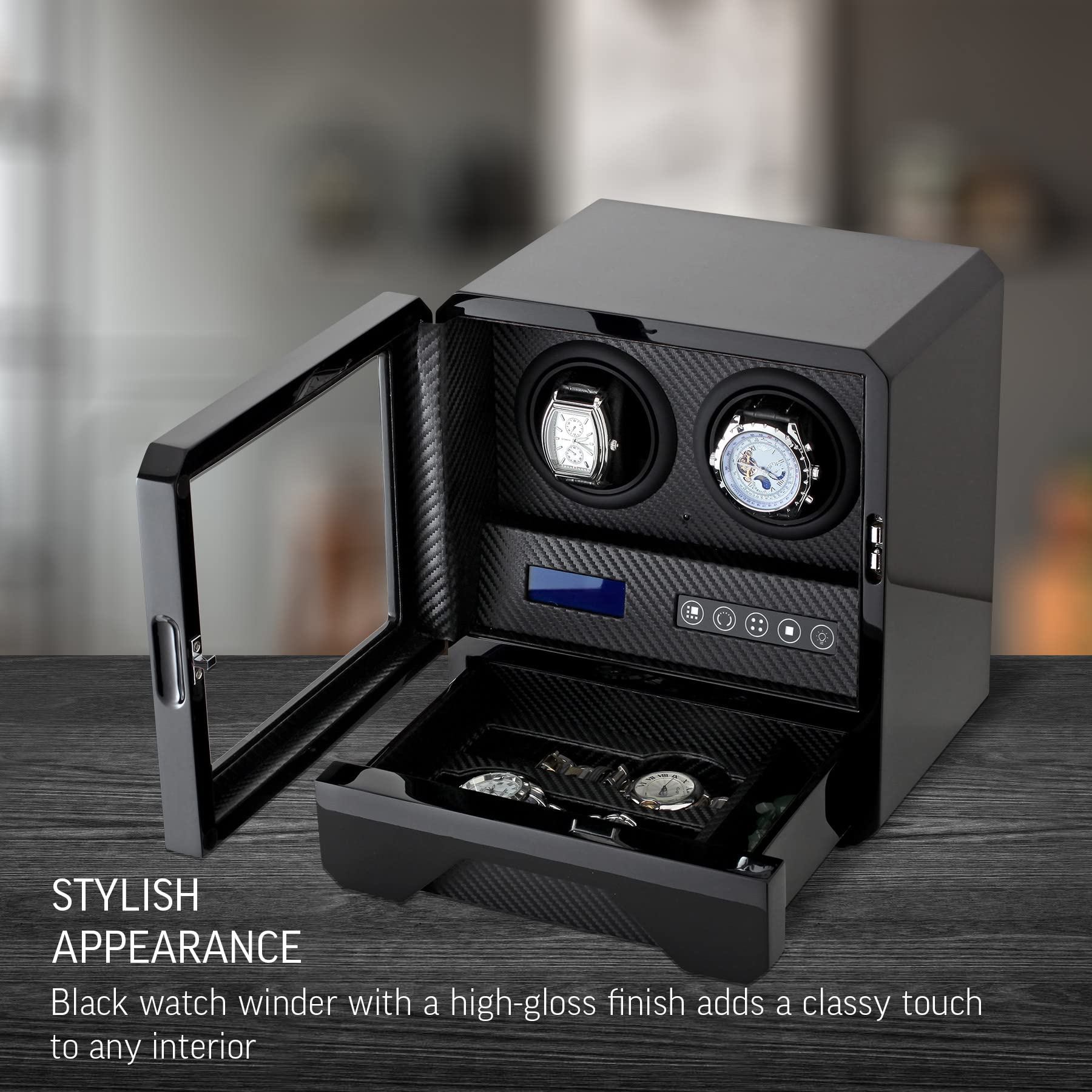 Double Automatic Watch Winder with Storage Drawer, LED Backlight and Motor-Stop Option (Black)