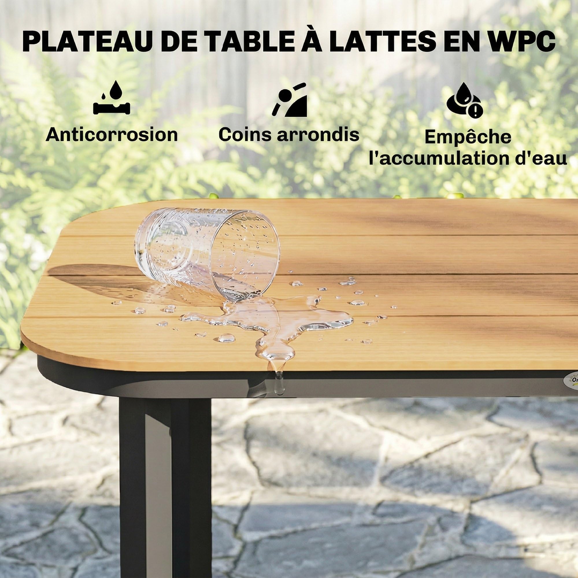 Outsunny Table de Jardin Rectangulaire pour 4-6 Personnes, Plateau en WPC à Lattes, Bords Arrondis, Structure en Métal, Table à Manger de Jardin pour Balcon Terrasse, 155x88x72cm, Naturel