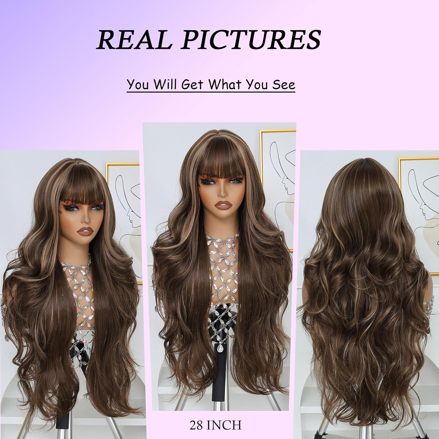 Highlight Brown Long Wavy Wig with Bangs for Women, Heat Resistant Synthetic Hair, Ombre Blonde Curly Wig for Daily Party Cosplay Use,Glueless Ready to Wear Beginner Friendly