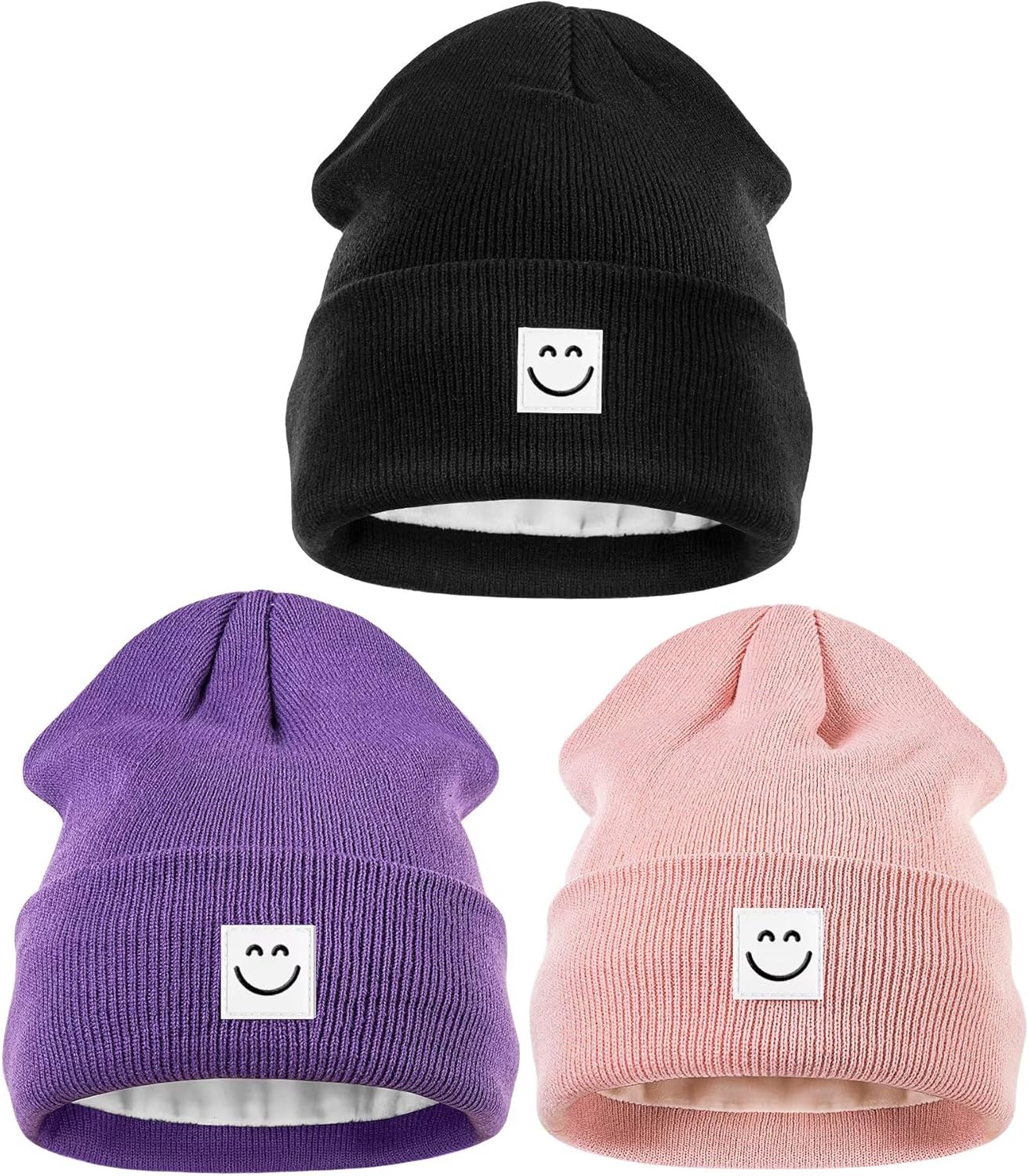 Hispeka Winter Beanie Hats for Women Men 3Pack,Fleece Lined Womens Winter Hats with Smiley Face