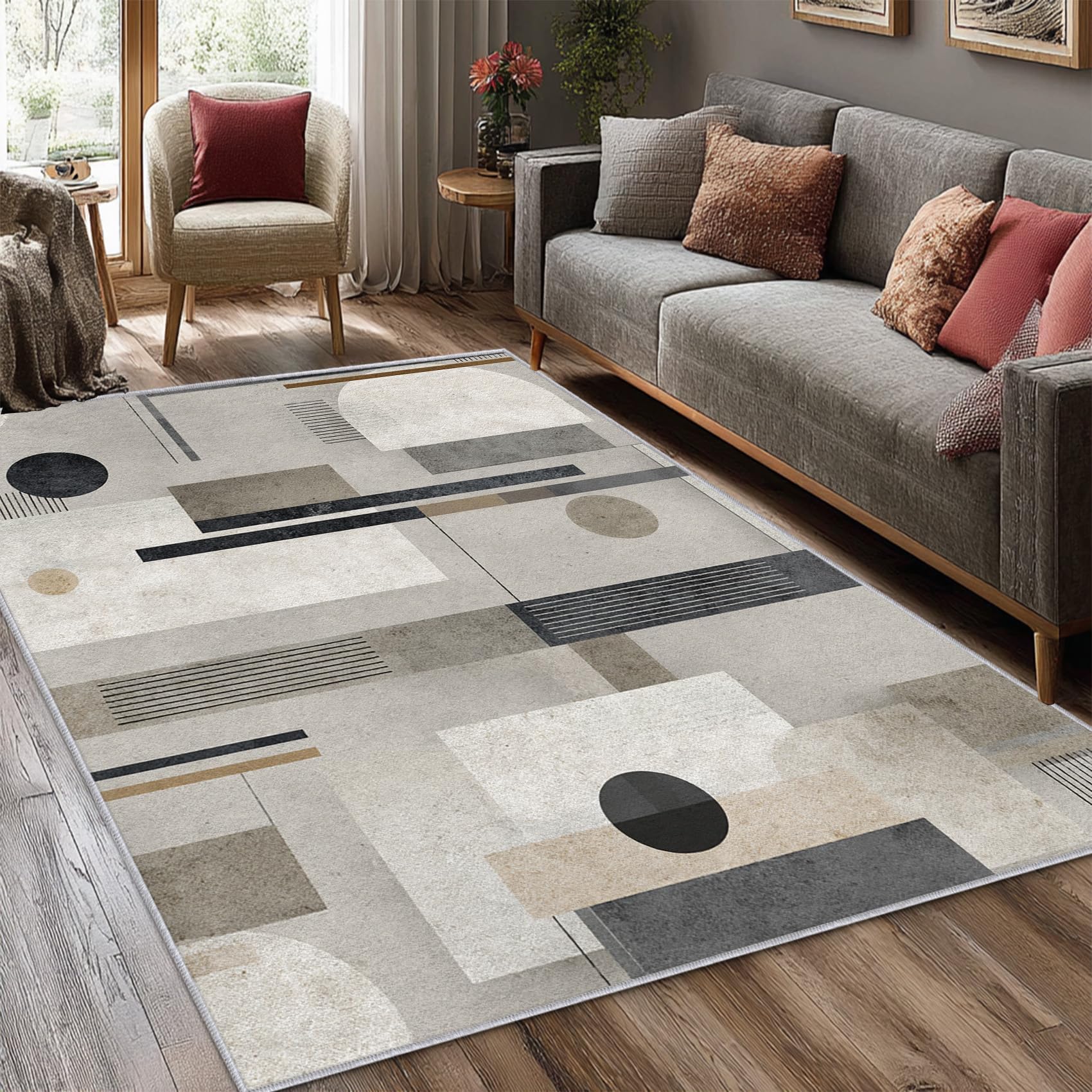 Tapis 180x280 cm Motif géométrique Abstrait Noir et Gris, Style Moderne Milieu du siècle, Grand antidérapant et Lavable pour la décoration de Chambre