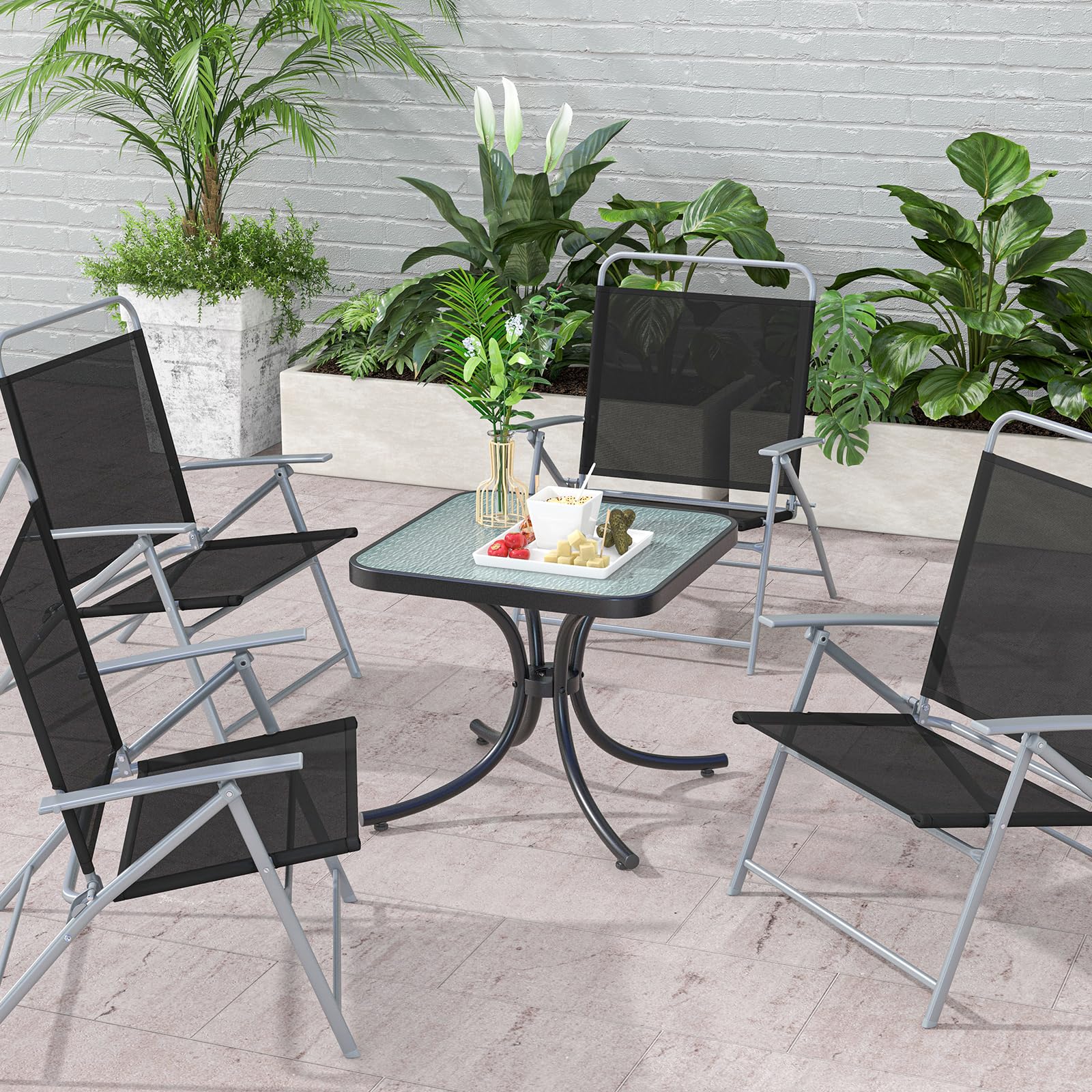 GIANTEX Table Basse Jardin 50 CM, Plateau en Verre Trempé Épaissi, Cadre en Métal Robuste, Charge 100 KG, Table Balcon Extérieur pour Jardin, Balcon, Terrasse, Noir