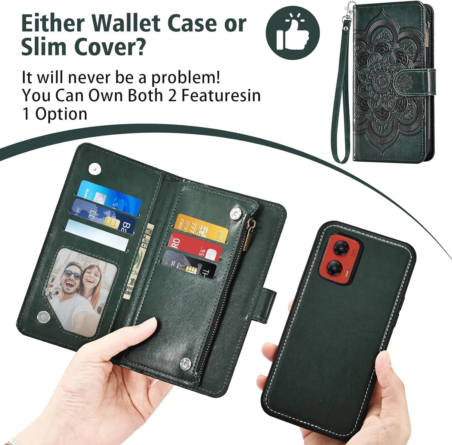 Asuwish Phone Case for Motorola Moto G Stylus 5G 2024 Zipper Wallet Magnetic Detachable Cell Cover with Tempered Glass Screen Protector Crossbody Lanyard Strap Flower Card Holder G5 Women Dark Green