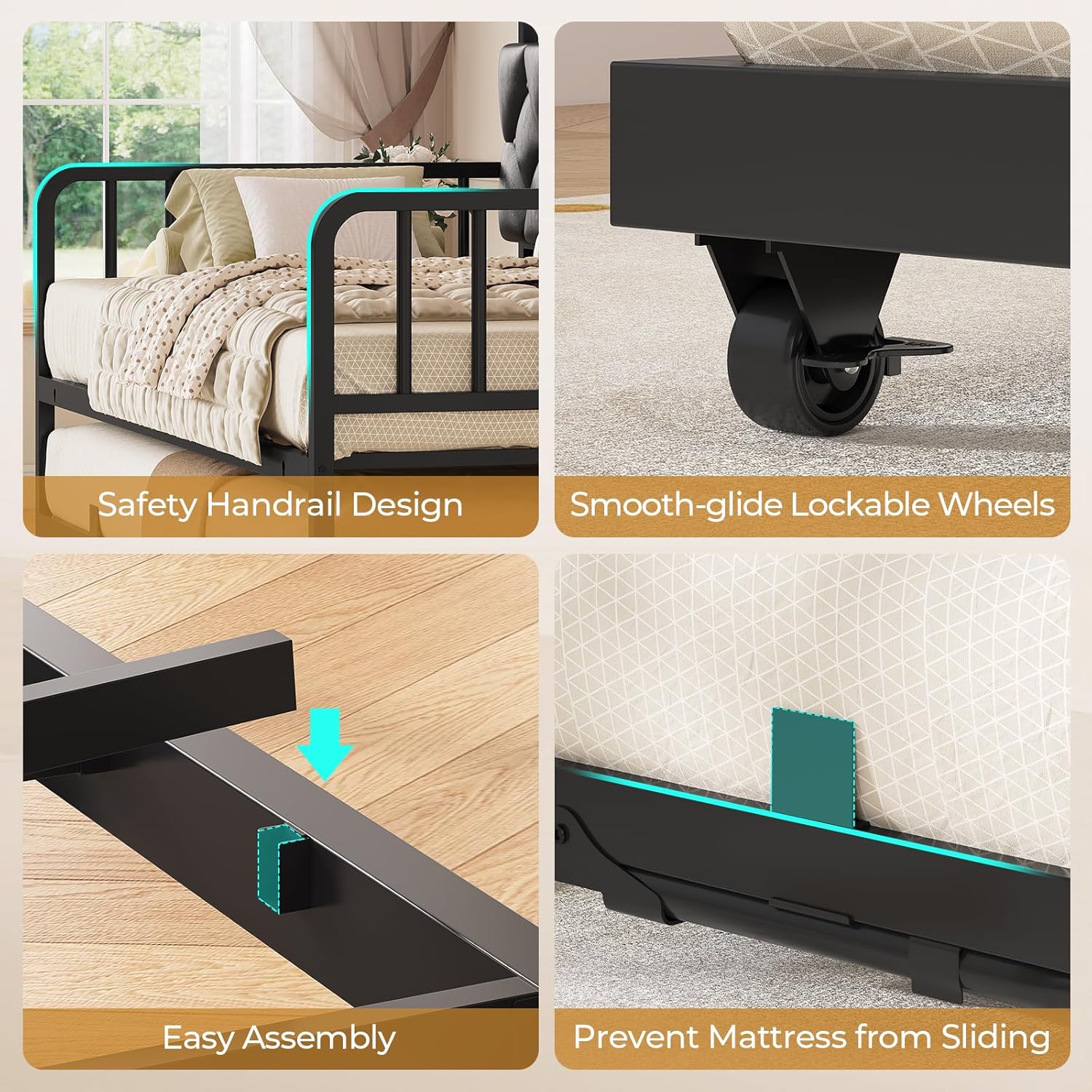 ADORNEVE Daybed with Trundle, Twin to King Daybed with Charging Station & LED Lights, Metal Trundle Bed Twin with Hidden Storage Headboard, Upholstered Sofa Day Bed for Living Room, Bedroom, Black