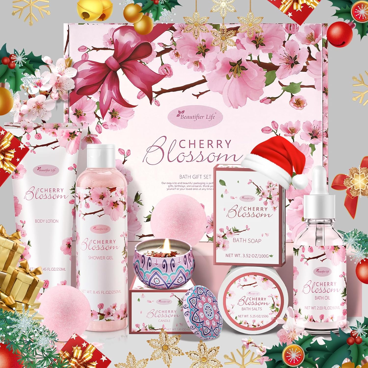 Bath and Body Gift Set for Women & Girls - Japanese Cherry Blossom 7-Piece Luxurious Home Spa Gift Set with Shower Gel, Body Lotion, Bath Oil, Bath Salts, Soap, Bath Bombs, and Candle - Image 2