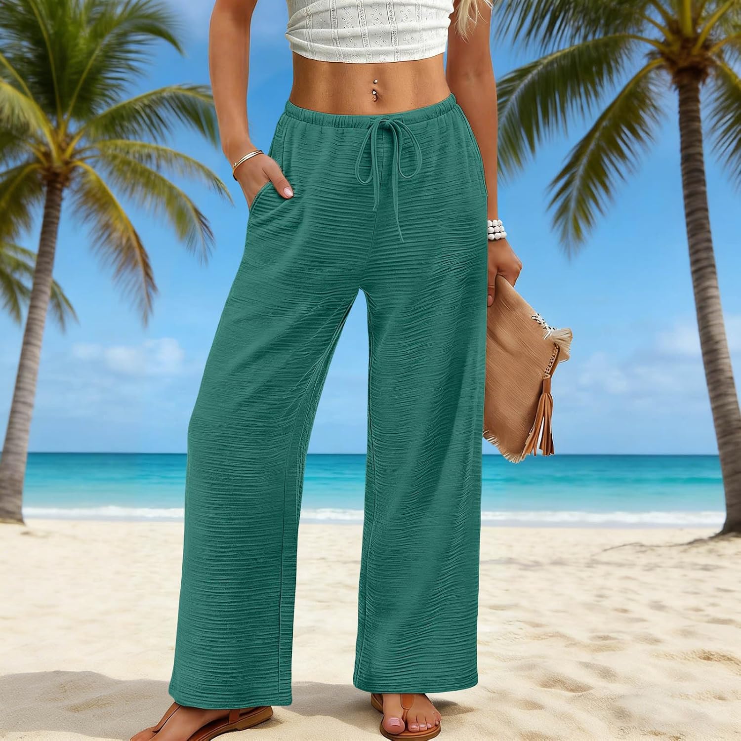 Womens Palazzo Pants Casual Loose Fit Drawstring Flowy Pants Wide Leg Summer Beach Vacation Trousers with Pockets