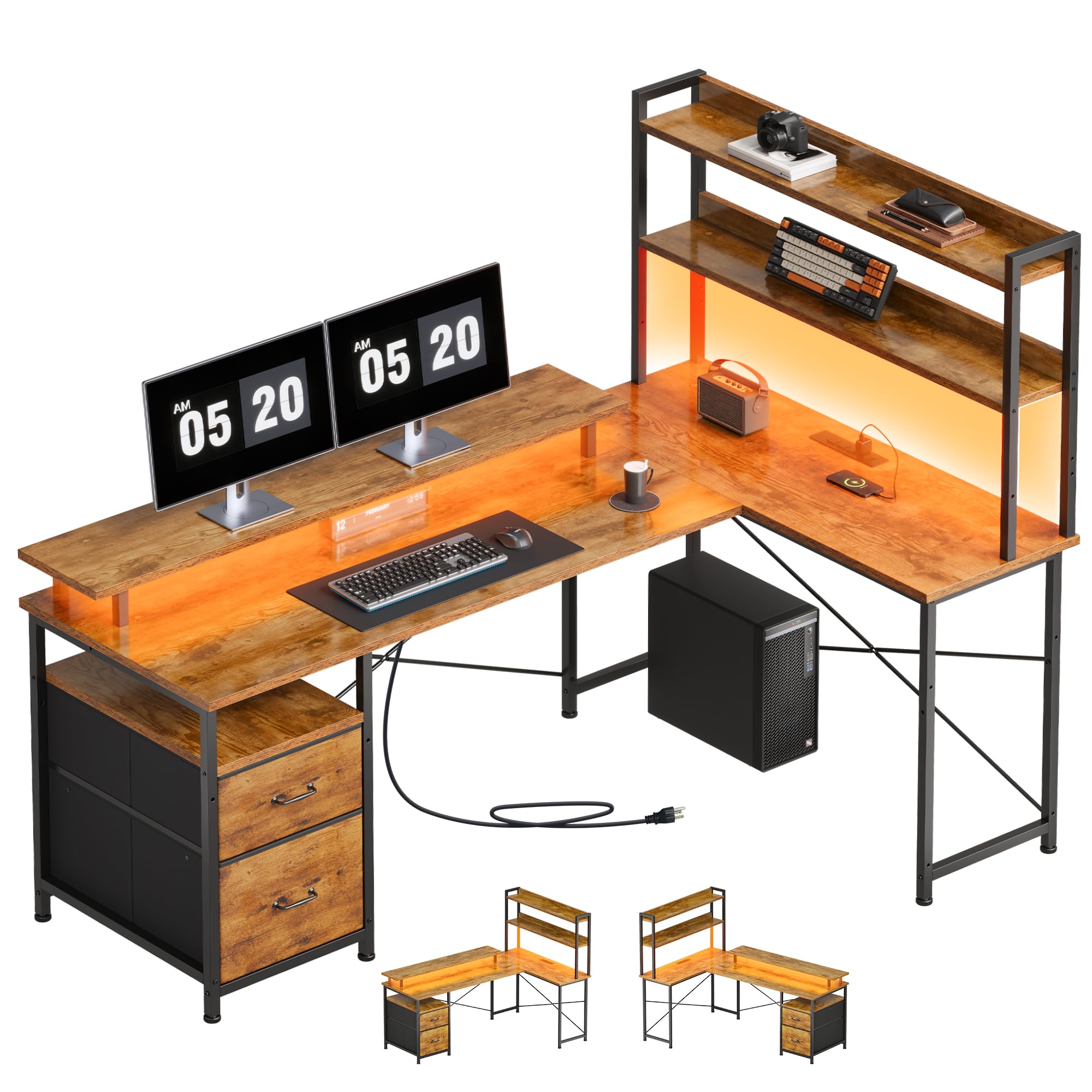 Maihail L Shaped Desk with Shelves,Reversible Computer Desk with LED Lights and Charging Station,Home Office Corner Desk with Monitor Stand,Brown2