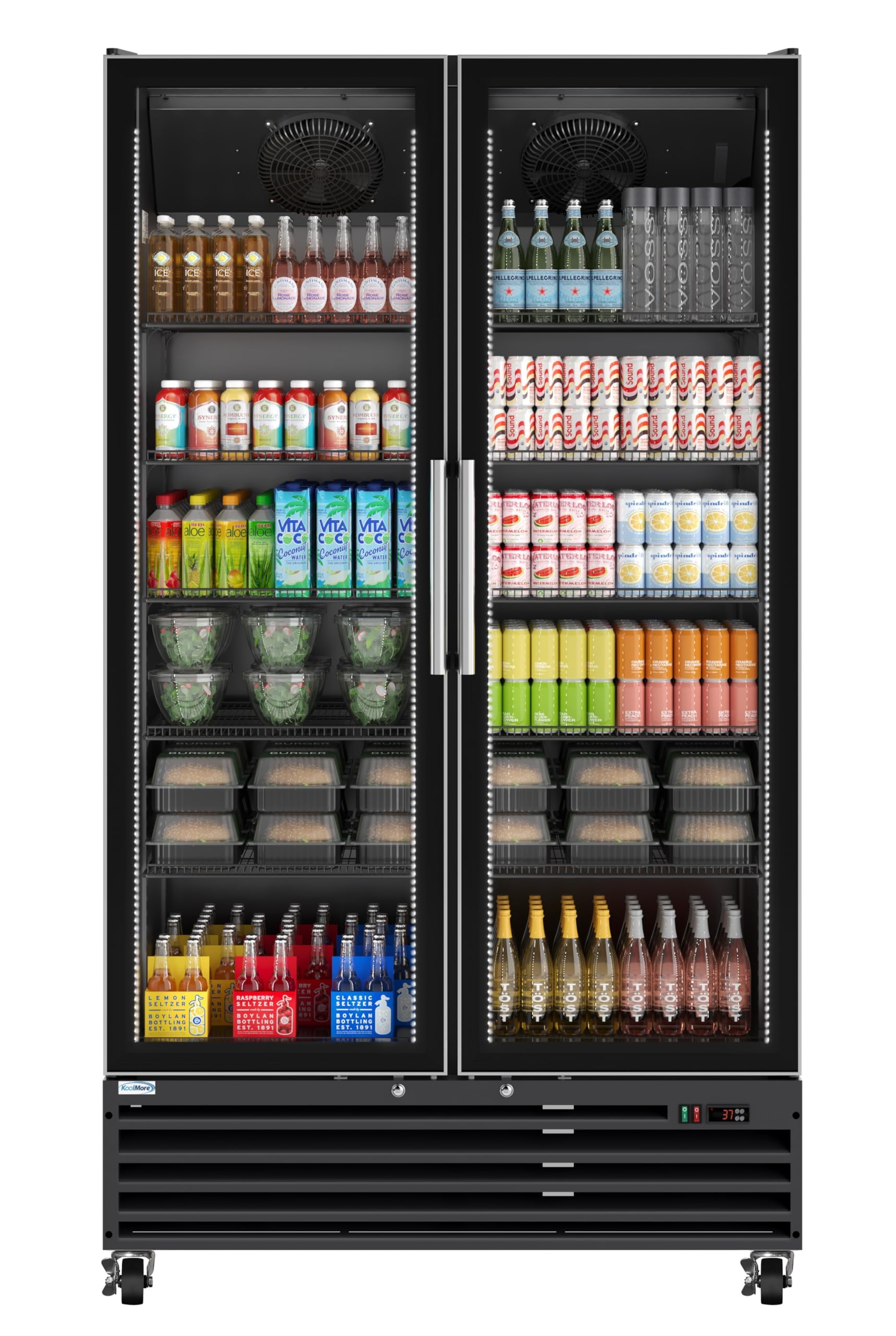 KoolMore KM-MDR-2GD-35CNL-BK 47 in. Two-Door Commercial Display Merchandiser Refrigerator in Sleek Black, 35 cu. ft. ETL Listed