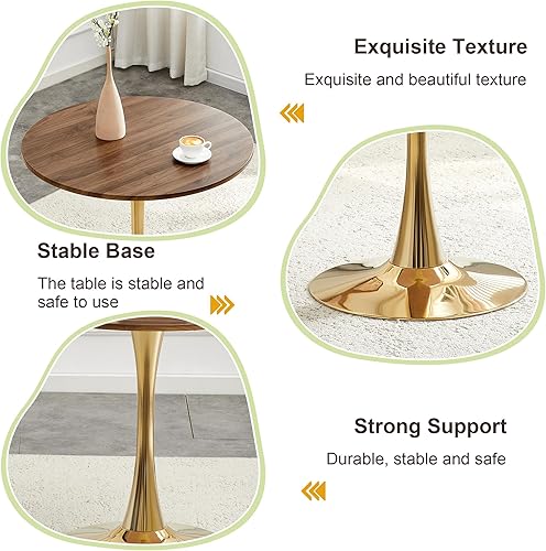 Miniatura 7 de Mesa de comedor redonda de nogal para espacios pequeños, mesas de tulipanes de 32 pulgadas con base de pedestal de metal dorado, mesa de bistró para
