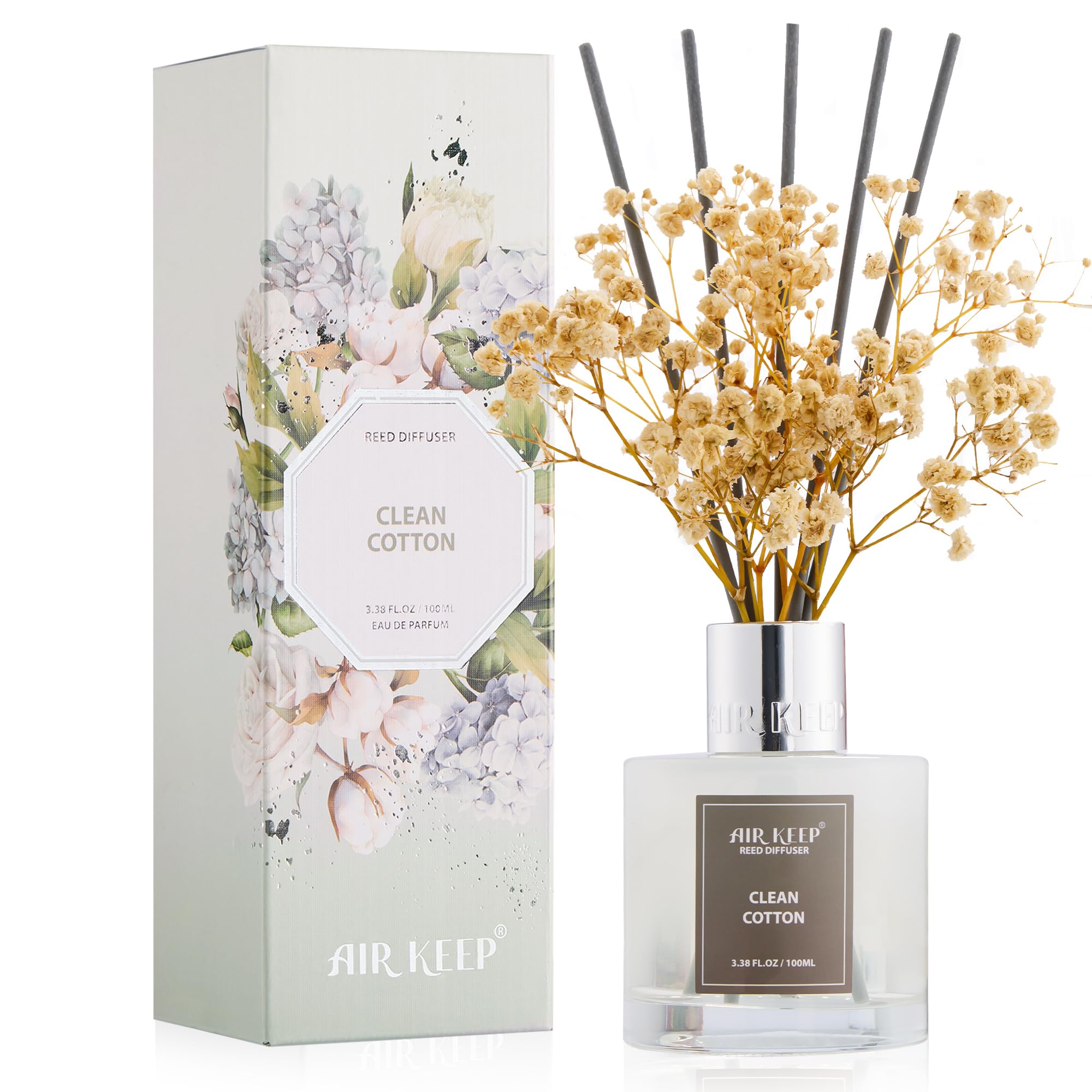 Airkeep Schilfrohr-Diffusor-Set, 100 ml – saubere Baumwollöl-Diffusoren mit 8 Schilfrohrstäbchen, Raumduft, Schilfrohr-Diffusor für Badezimmer-Regal-Dekor