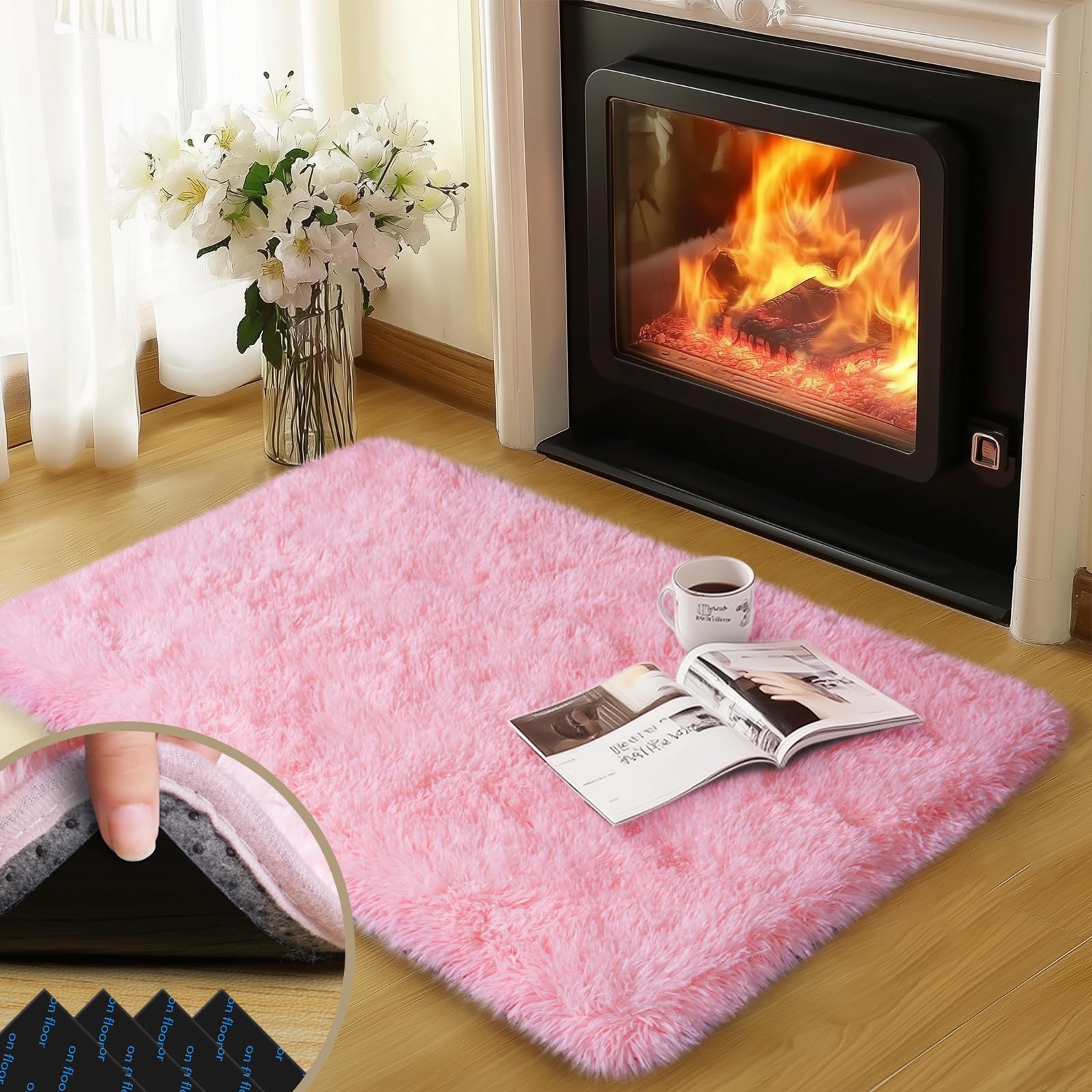Pink Rug for Bedroom, Fluffy Area Rugs for Living Room, Small Soft Shag Fuzzy Shaggy Carpets for Kids Boys and Girls Dorm with 4 Non-Slip Rug Tapes for Room Home Decor , Pink)