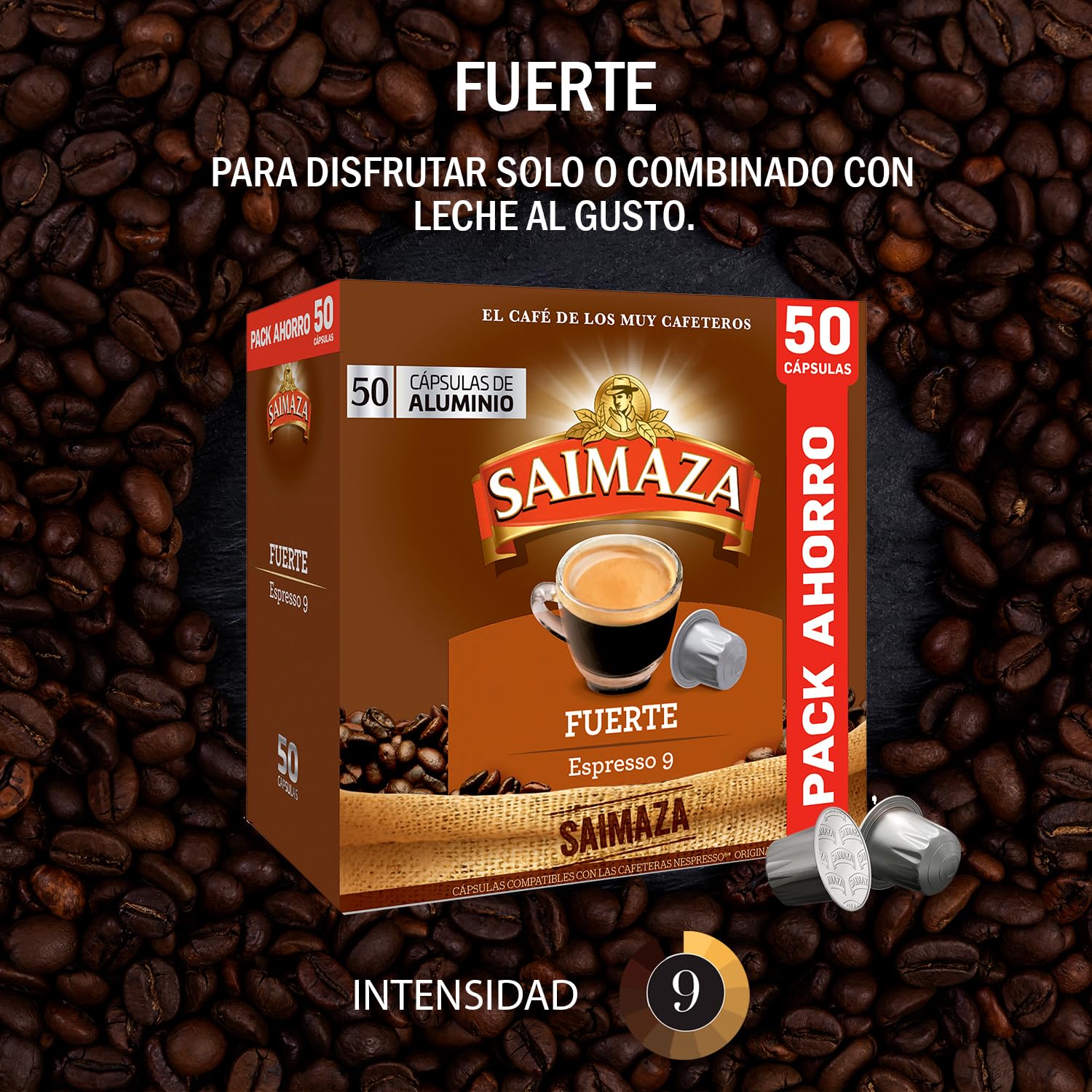 Saimaza Cápsulas de Café Fuerte | Intensidad 9 | 50 Cápsulas Compatibles Nespresso