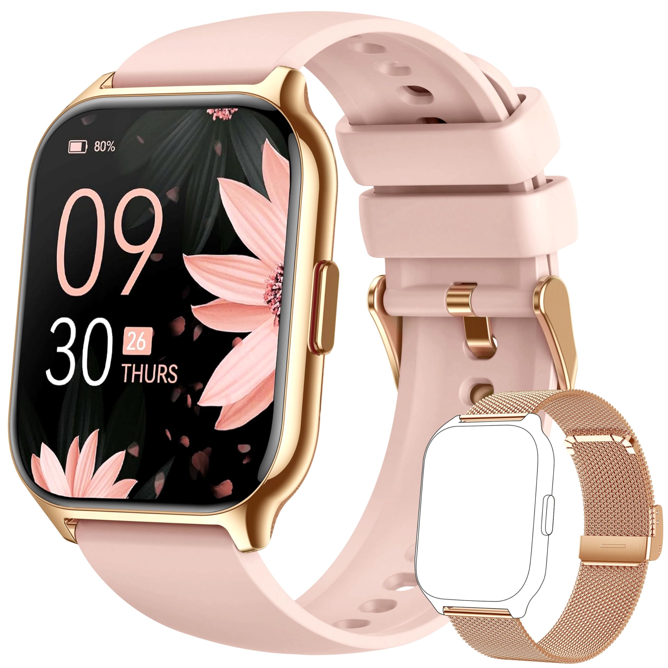 ZOSKVEE Reloj Inteligente Mujer, [Regalo Dos Correas] Bluetooth Llamada y Voz AI, 2'' Smartwatch Deportivo con Presión Arterial, 100+ Deportes, Ritmo Cardíaco, DIY Esferas, Regalo para iOS Android