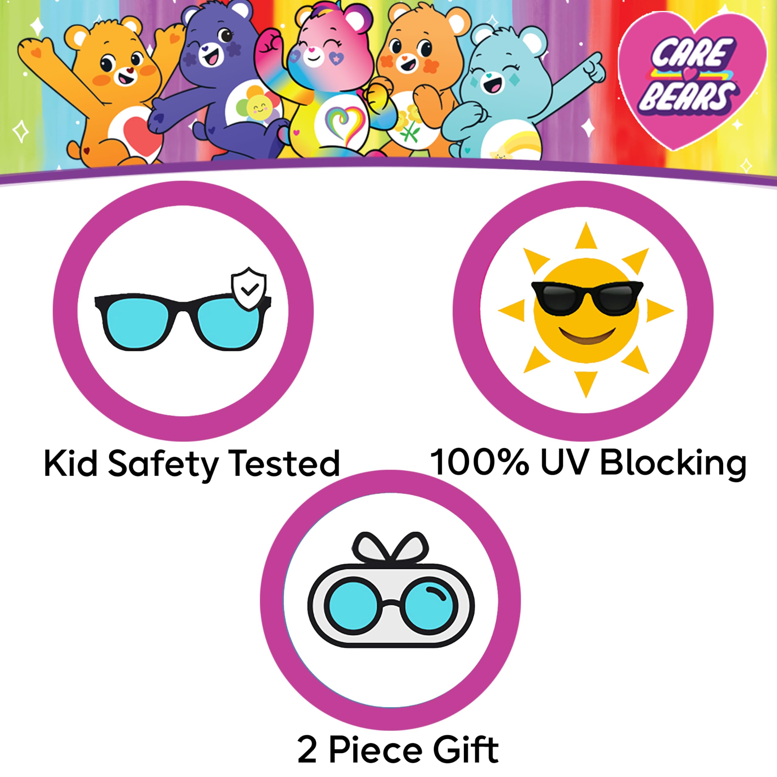 Sun-Staches Kids Care Bear Sonnenbrille, stilvoll, bequem und langlebig, UV-Schutz, Pflegebär-Sonnenbrille mit weichem Pflegebär-Zubehör, Tragetasche – Offizielles Care Bears Zubehör