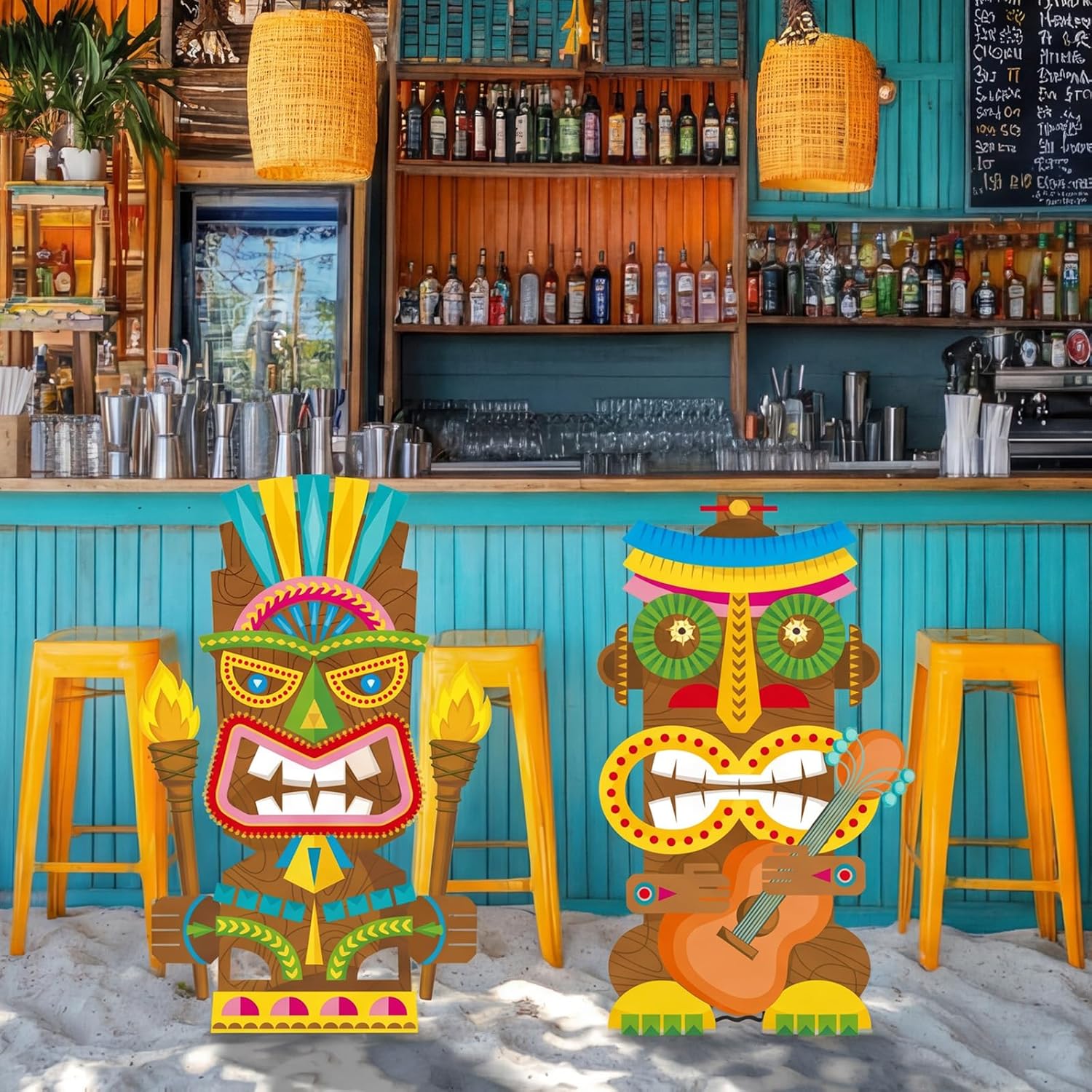 Capoda 2 Pcs Tiki Decorations 12x20inch Large Hawaiian Wooden Signs Tiki Bar Hut Party Decorations Luau Table Centerpieces Aloha Tabletop Decor for Summer Beach Tropical Hawaii Birthday Party Supplies