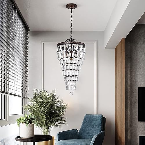 Miniatura 4 de Vinilky Candelabro de cristal, lámpara colgante de granja E12 x 4 base ajustable, cadena ajustable, lámpara de techo de metal vintage para cocina,