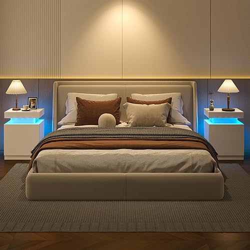 Miniatura 3 de oneinmil Juego de 2 mesitas de noche LED, mesita de noche con armario de almacenamiento para dormitorio, mesita de noche con luces LED, mesa