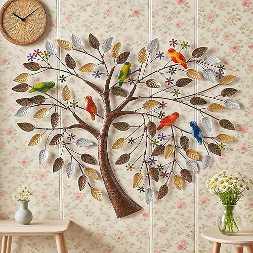 Miniatura 5 de Xnchhou Escultura de pared hecha a mano, ramas de pájaros, flores en forma de corazón, árbol genealógico, pared, arte de metal, árbol de la vida,