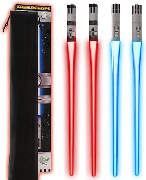 LIGHTSABER CHOPSTICKS LIGHT UP STAR WAR LED Glowing Light Saber Chop Sticks REUSABLE Sushi Lightup Sabers-Removable Handle Dishwasher Safe-Premium GIFT BOX & CARRY CASE Included -Blue & Red - 2 Pairs