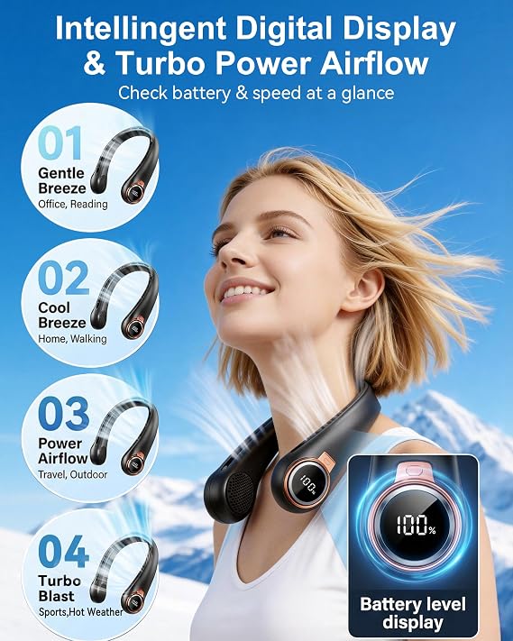 BNBZ Portable Neck Fan, 6000mAh Rechargeable Fan Blows Cold Air with LED Display, 4 Speeds, 20H Runtime, Quiet Wearable 360 Personal Cooling Fan for Outdoor Travel Work Gym Gift for Women Men-Black