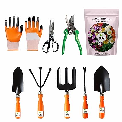 GROW DELIGHT Gardening Tools Kit-9 Pcs (Fork, Cultivator, Trowels, Garden Gloves, Weeder, Pruner Cutter, Garden Scissors, Free Flower Seeds Packet)|Durable Gardening Tools|Home Gardening Tool Set