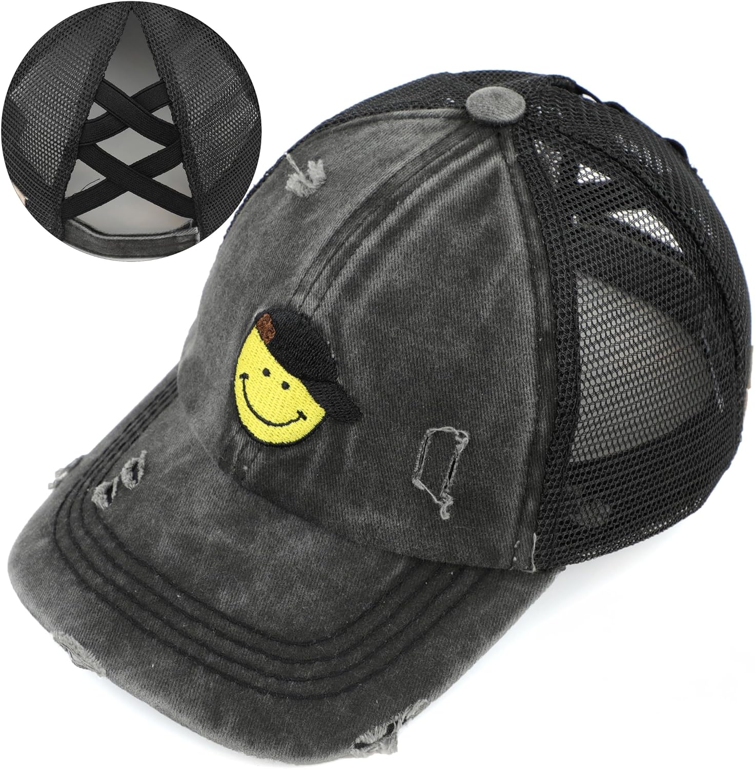 C.C Kids Criss-Cross Elastic Band Distressed Embroidered Bee Happy Patch Pony Cap for Kids