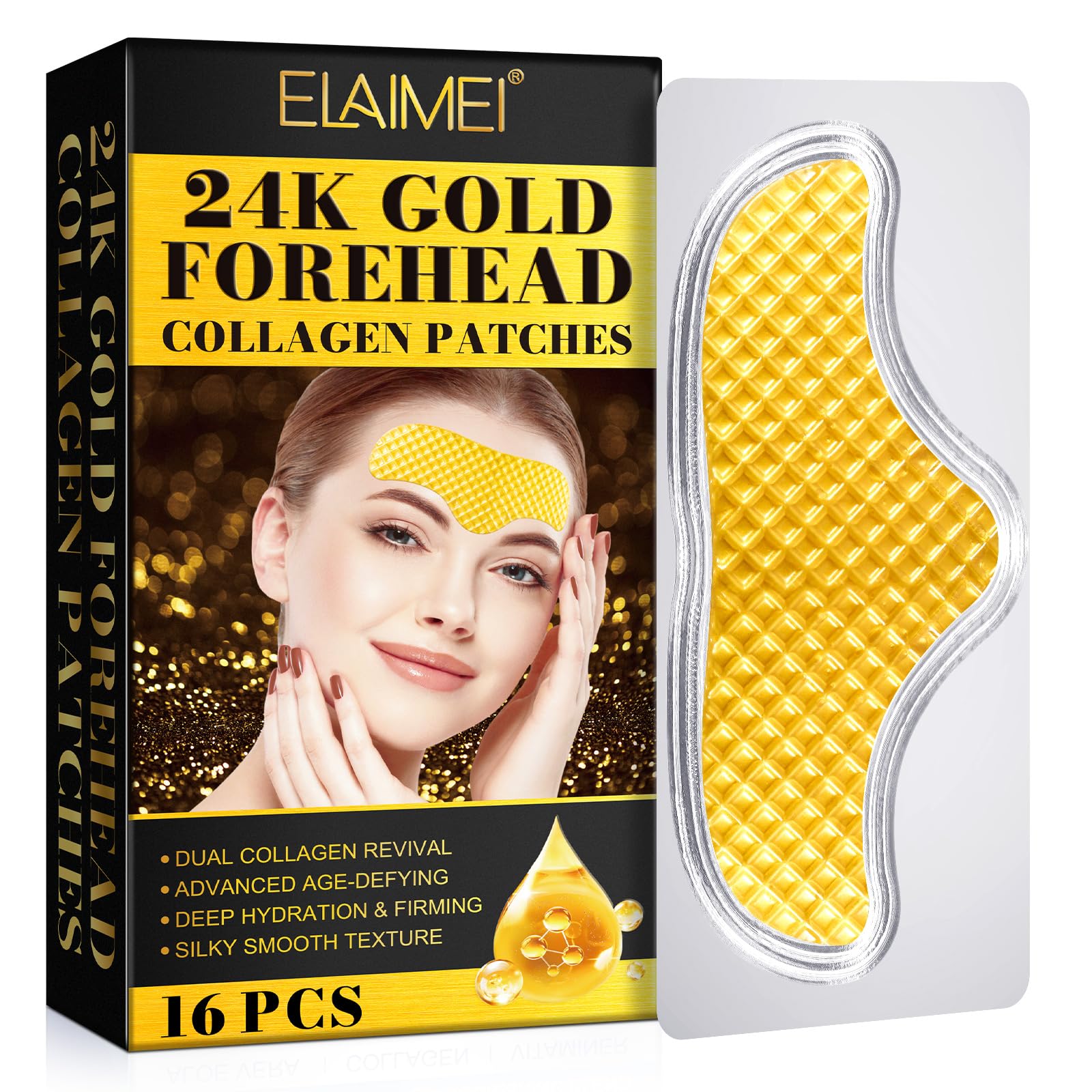 24K Forehead Collagen Patches 16 Pcs for Forehead Wrinkles and Fine Lines, Gold Collagen Forehead Wrinkle Patches Hydrate and Moisturize, Enhance Elasticity, Unisex