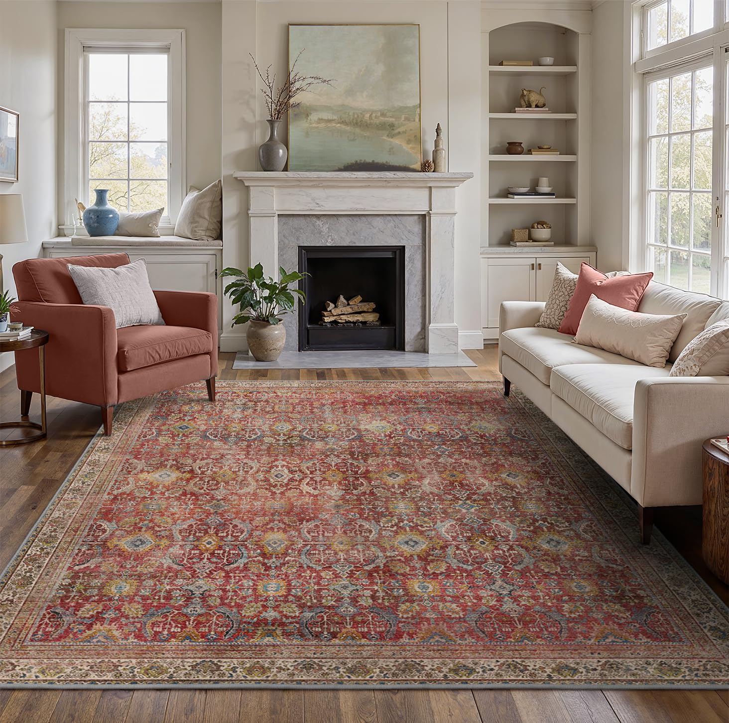 BESBLEE 8X10 Area Rugs Machine Washable Rugs for Living Room, Vintage Boho Large Rugs for Bedroom Dining Room, Non Slip Indoor Soft Distressed