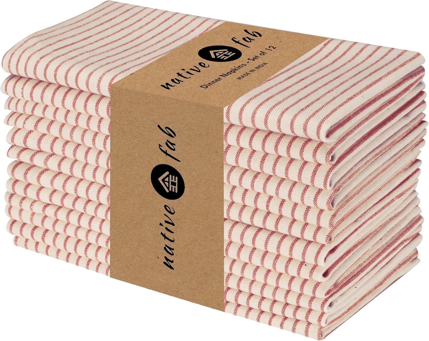 Native Fab Cloth Napkins 18x18 inches, 100% Cotton Vintage Stripped Dinner Napkins, Set of 12, Soft Breathable Absorbent, Machine Washable Cloth Napkins, Red Beige