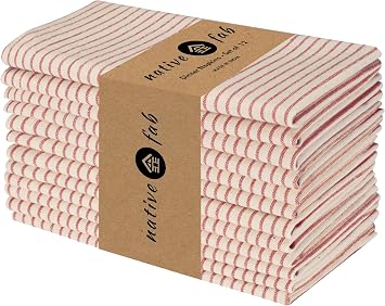 Native Fab Cloth Napkins 18x18 inches, 100% Cotton Vintage Stripped Dinner Napkins, Set of 12, Soft Breathable Absorbent, Machine Washable Cloth Napkins, Red Beige