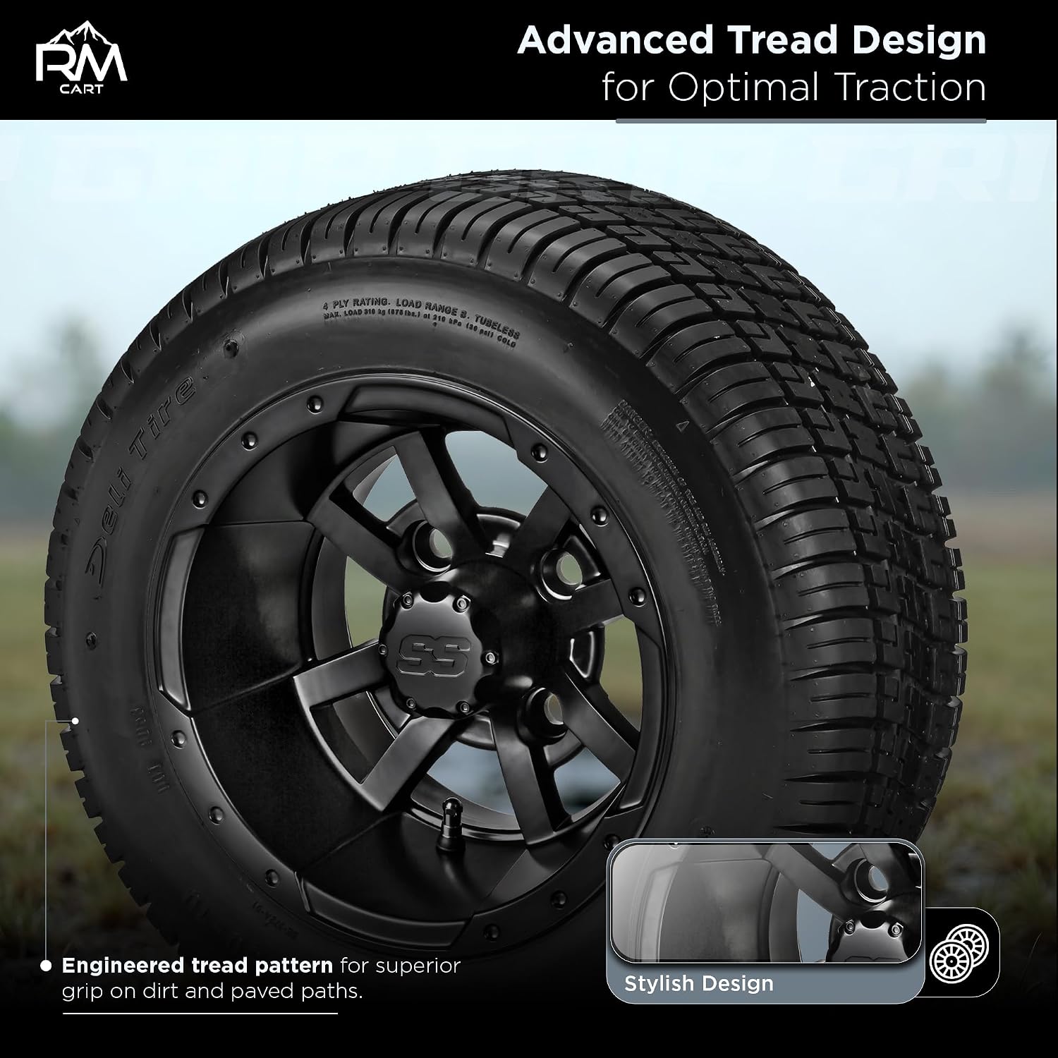 RM Cart 10" Maltese Cross Matte Black on 205/50-10 Deli Low Pro Tires (Set of 4) | Golf Cart Tires and Wheels Combo with Standard Lug Nuts