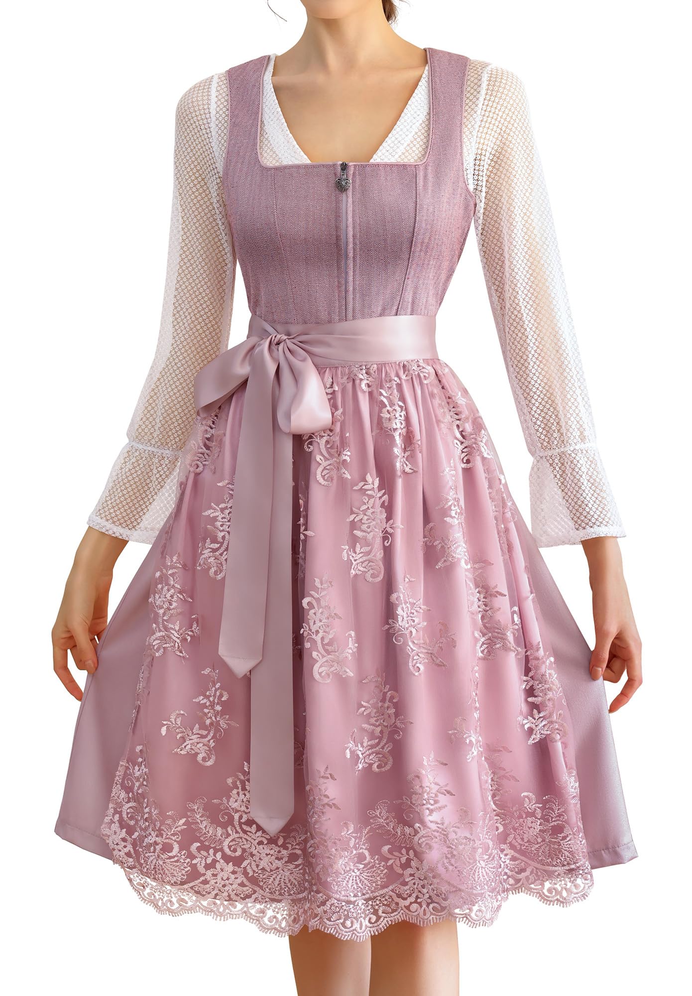 EIISSION Dirndl Damen Trachtenkleid Dirndlkleid midi Tracht Damen Lang Rosa 3 Teilig mit Trachtenrock Langärmel Dirndlbluse Schürze Trachtenmode Trachten Kleid für Oktoberfest