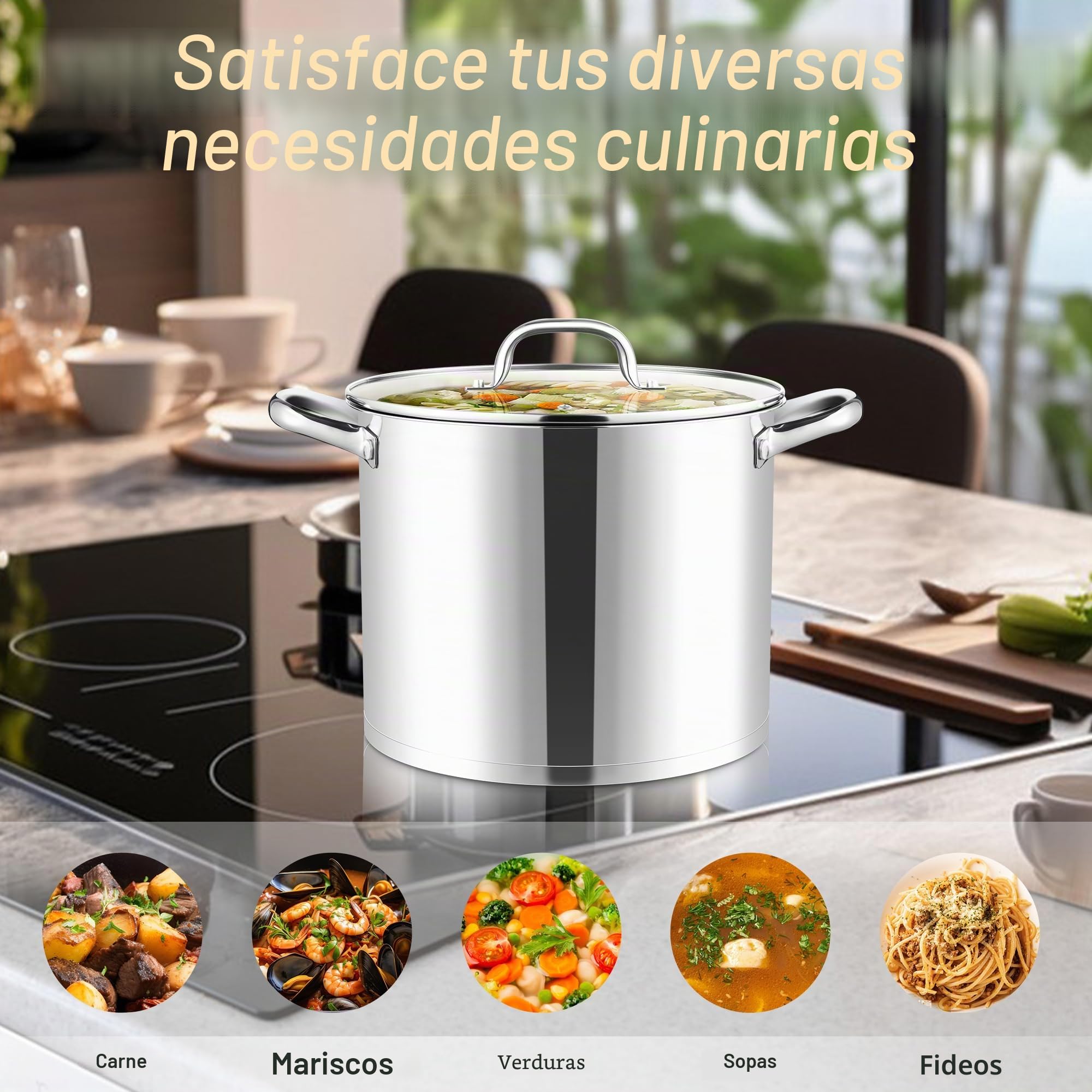 Joyfair Olla grande de acero inoxidable de 9,5 litros, para inducción con tapa de cristal, 3 capas, base estable, para todo tipo de cocinas, olla para pasta de para cocinar, grandes