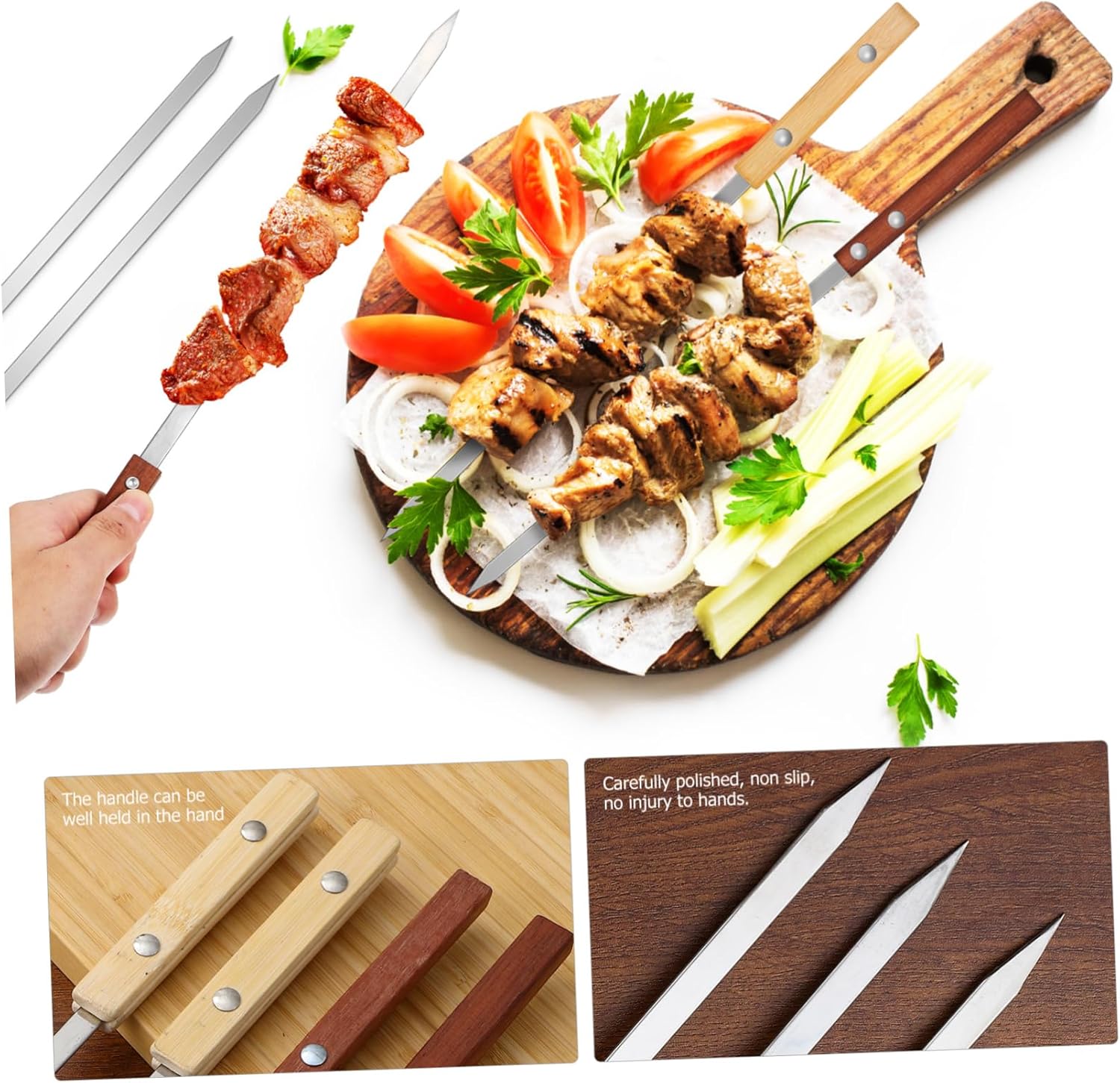 HANABASS 12pcs Stainless Steel Skewers Handles Portable Bbq Skewers for Grilling Meat and Vegetables for Outdoor Camping Picnics and Barbecues