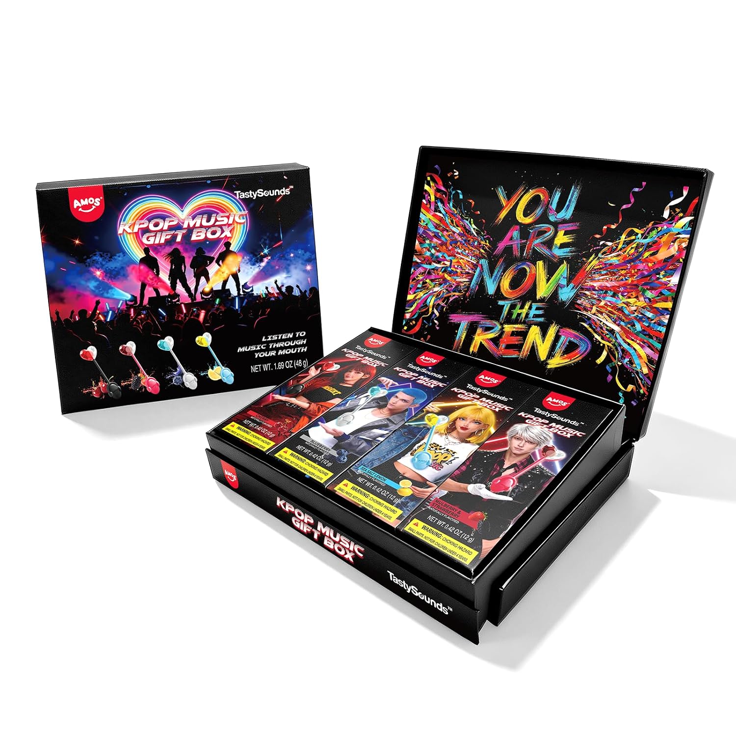 AMOS TastySounds K-Pop Music Lollipop Gift Set - 4 Pack Sugar-Free Bone Conduction Audio Candy Novelty Treat for K-Pop Fans & Gifting
