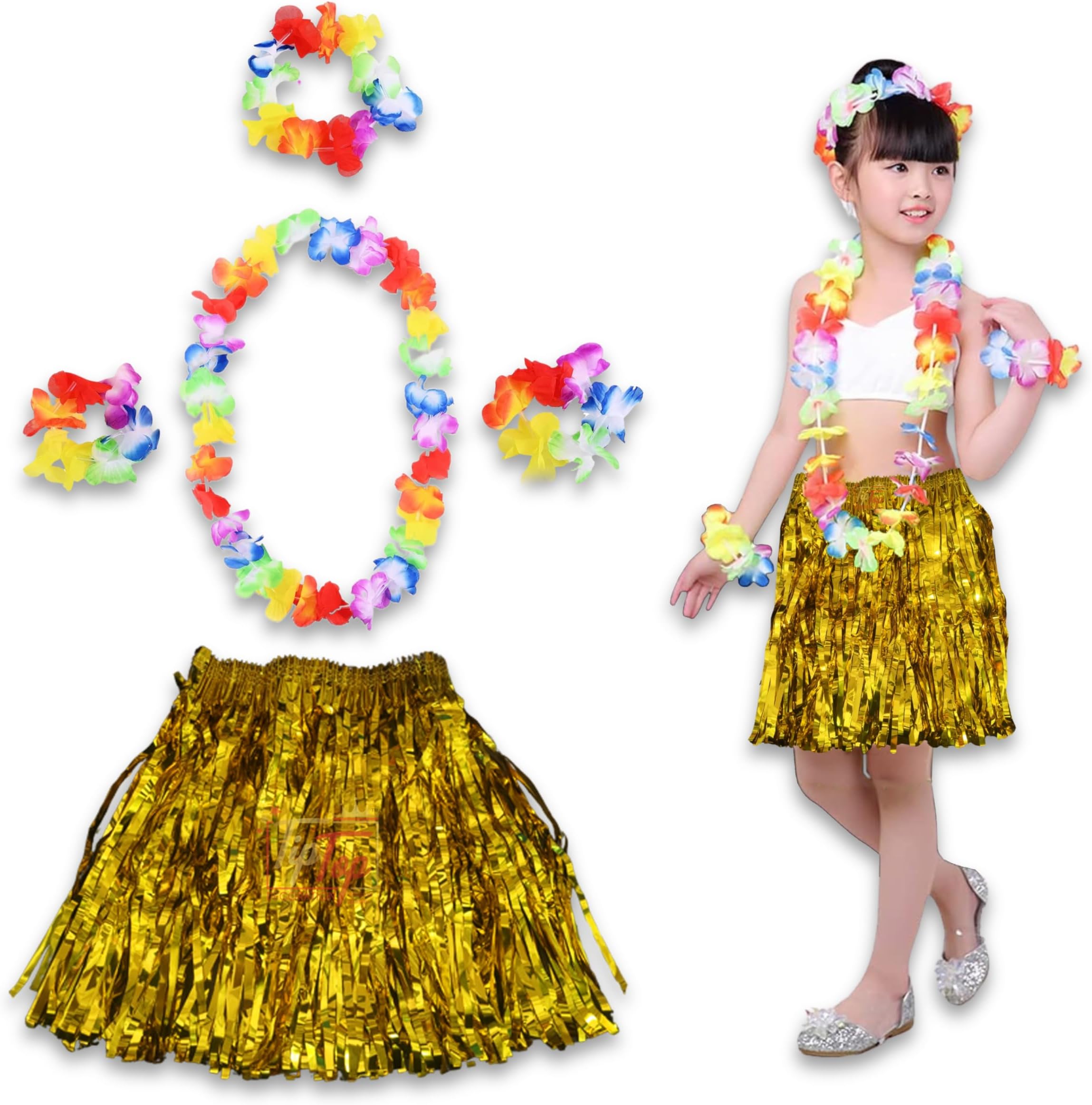 Premium Hawaiian Luau Leis Flower Garland Necklace Headband Bracelets Skirt (Set of 5)