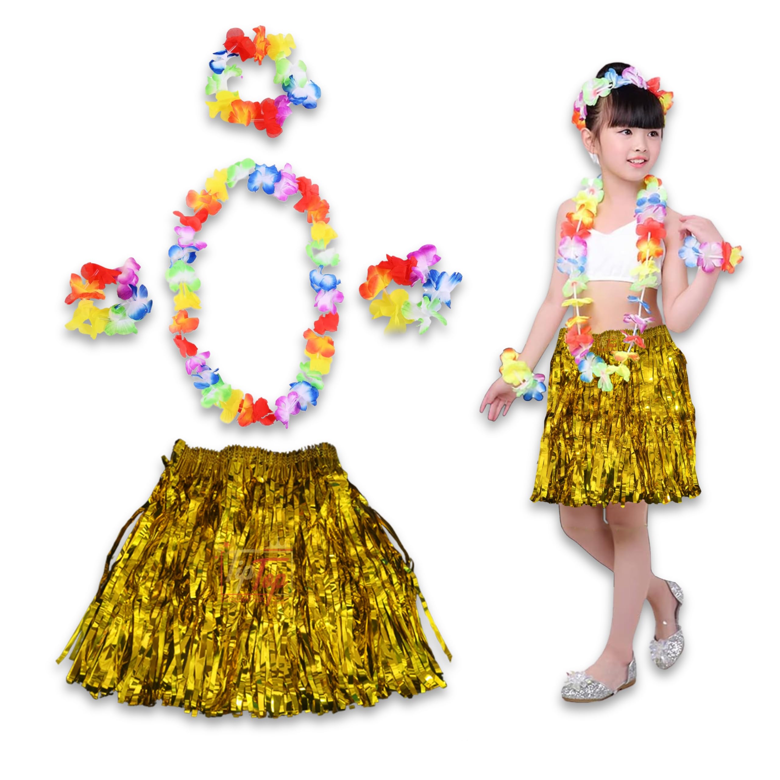 Premium Hawaiian Luau Leis Flower Garland Necklace Headband Bracelets Skirt (Set of 5)