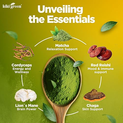 Miniatura 3 de KIKI Green Mushroom Matcha Super Blend  Polvo de matcha con melena de león, Chaga, Reishi, Cordyceps  Alternativa de café de hongos para energía,