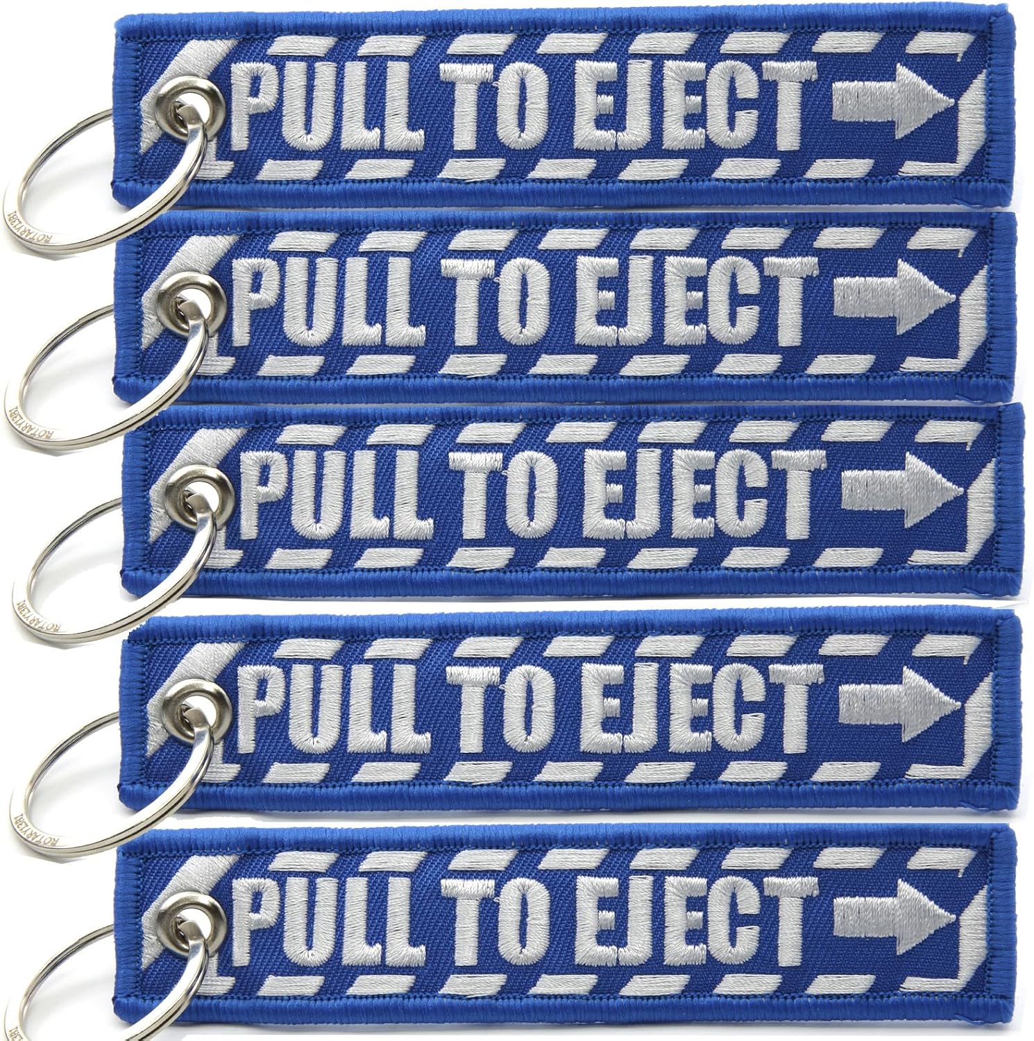 PULL TO EJECT Key Chain - Blue with White embroidered letters - Jet Tag Keychain