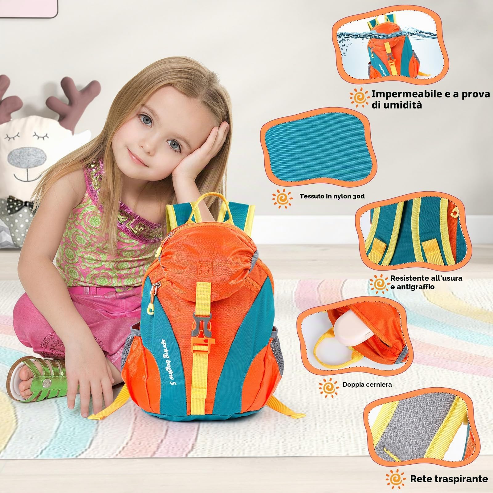 Cozary Zaino per Bambini All'Aperto, 5L Impermeabile Sportivo Adatto, Confortevole Zaino da Trekking per 1-3 Bambini, Design Traspirante, per Scuola, Viaggio e Sport, Arancione