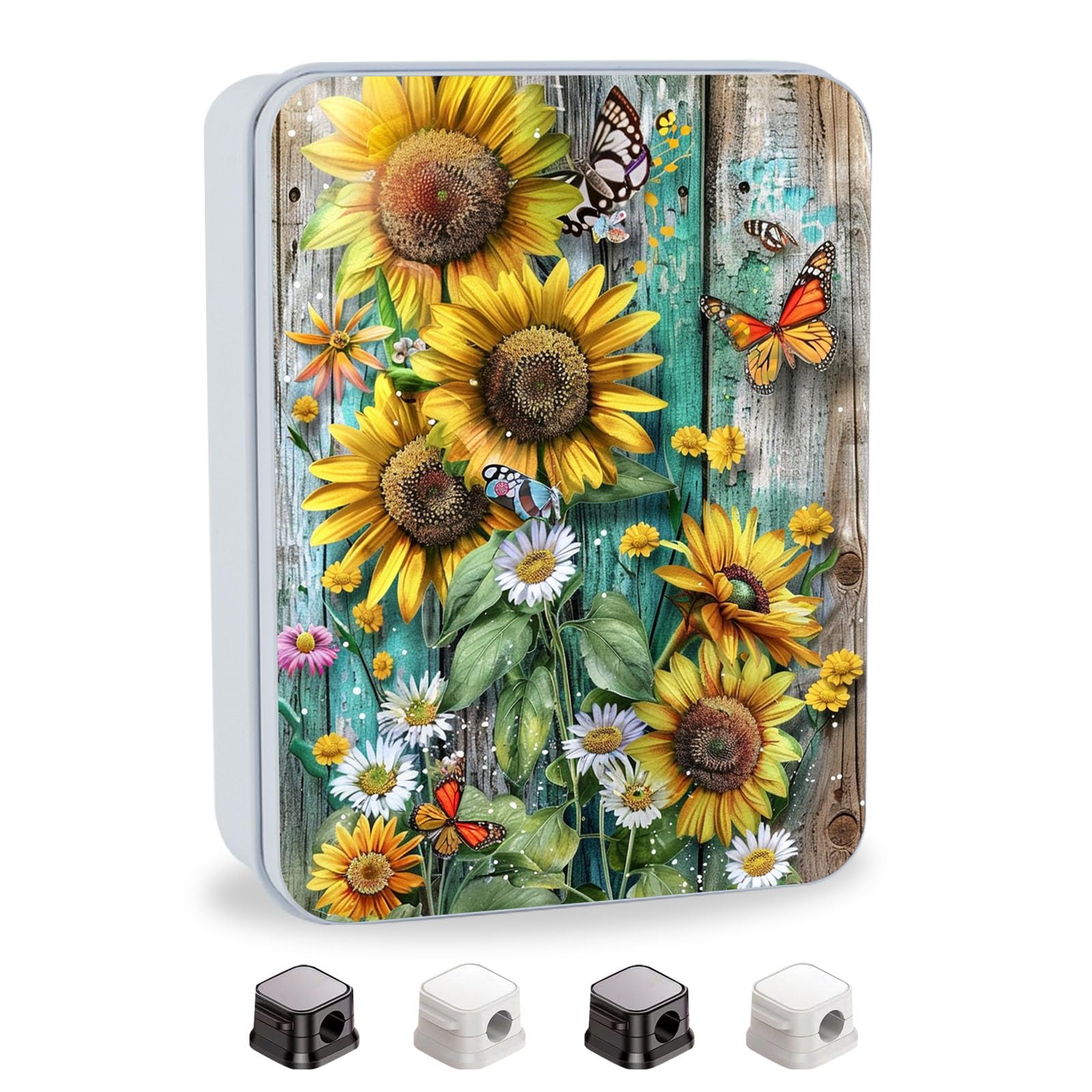 Metal Tin Box with Lid for Game Cards Home Organizer Candles Keys Crafts Storage - Equipped with 4 Magnetic Cord Clips，Sunflowers Daisies and Butterflies